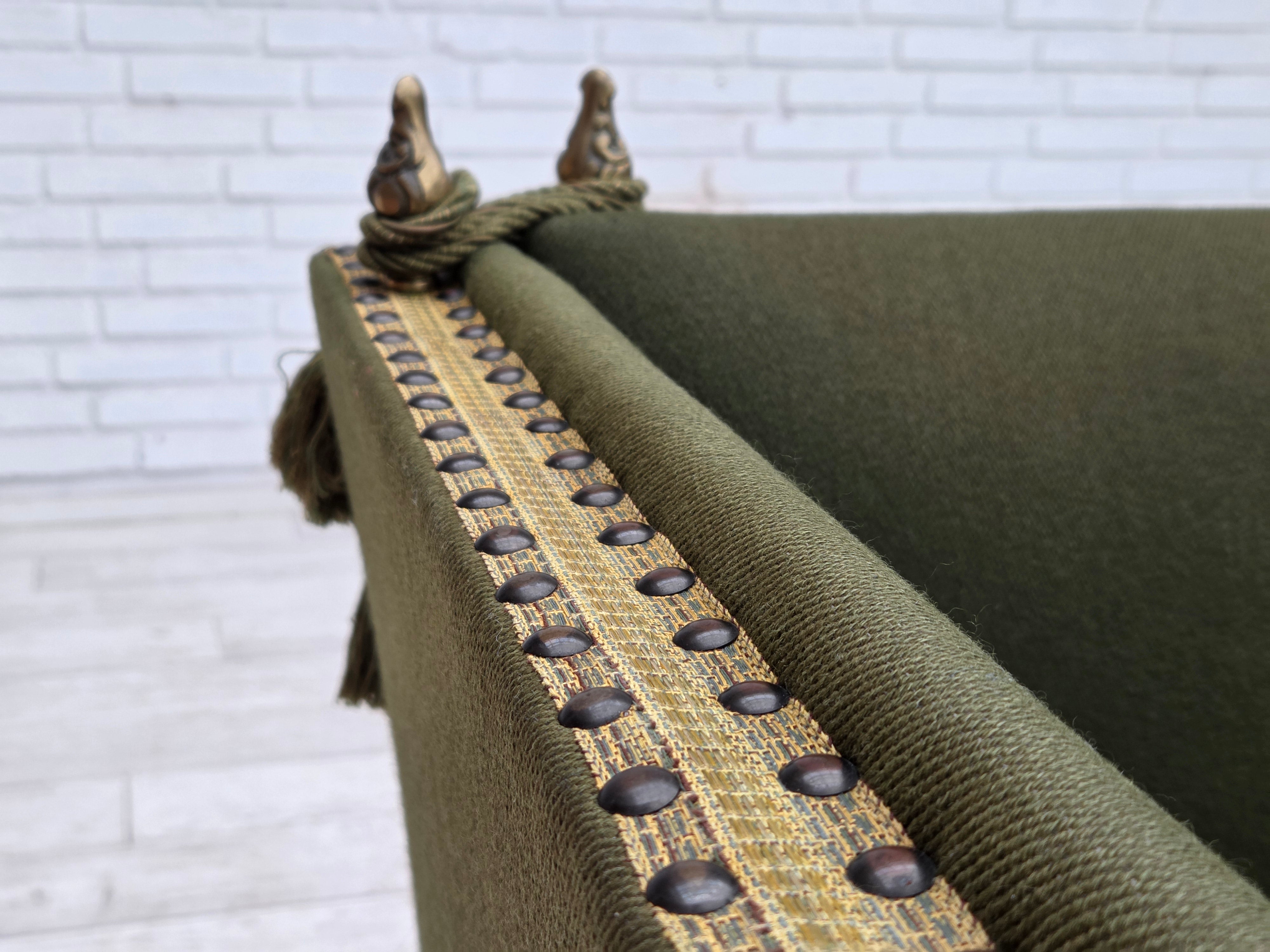 Danish_Mid-Century_Modern_Spanish-Style_Drop-Arm_Two-Seater_Sofa_with_Green_Wool_Upholstery,_1970s