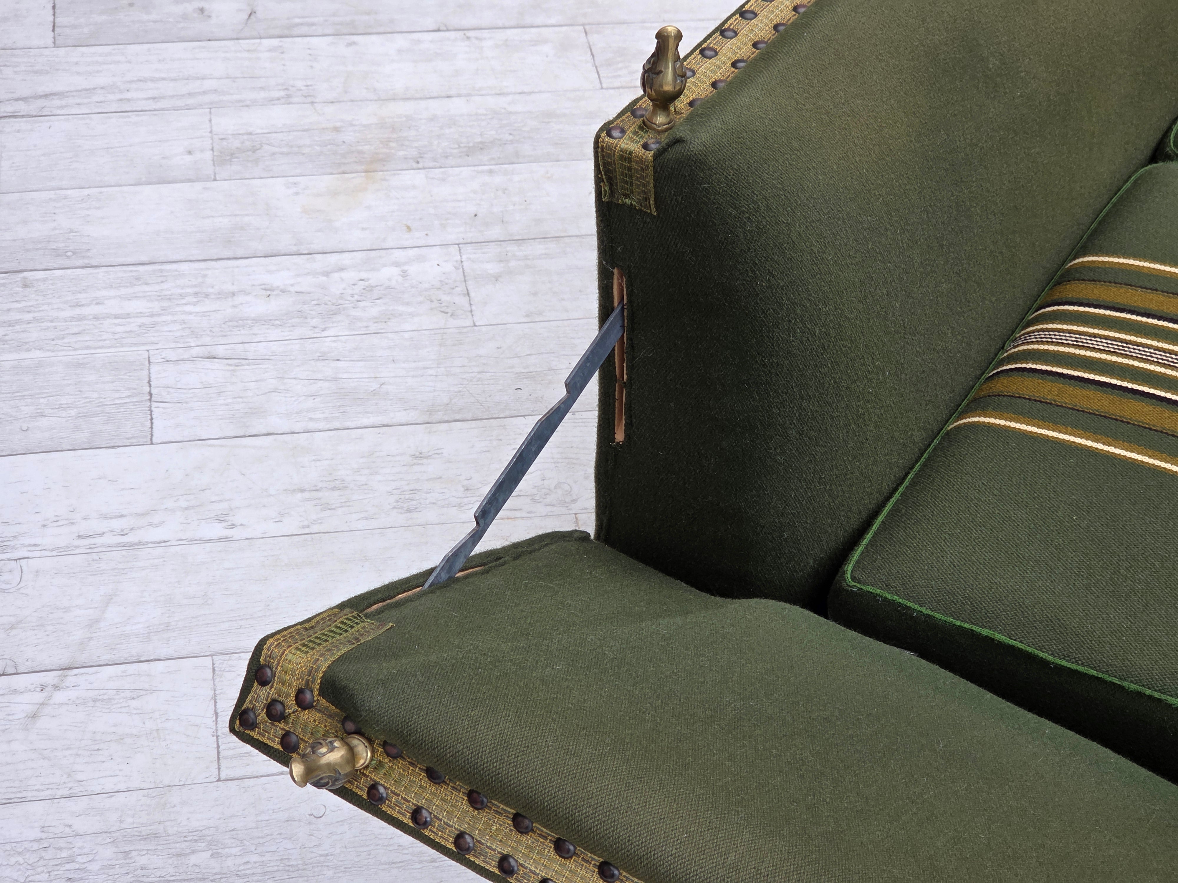 Danish_Mid-Century_Modern_Spanish-Style_Drop-Arm_Two-Seater_Sofa_with_Green_Wool_Upholstery,_1970s