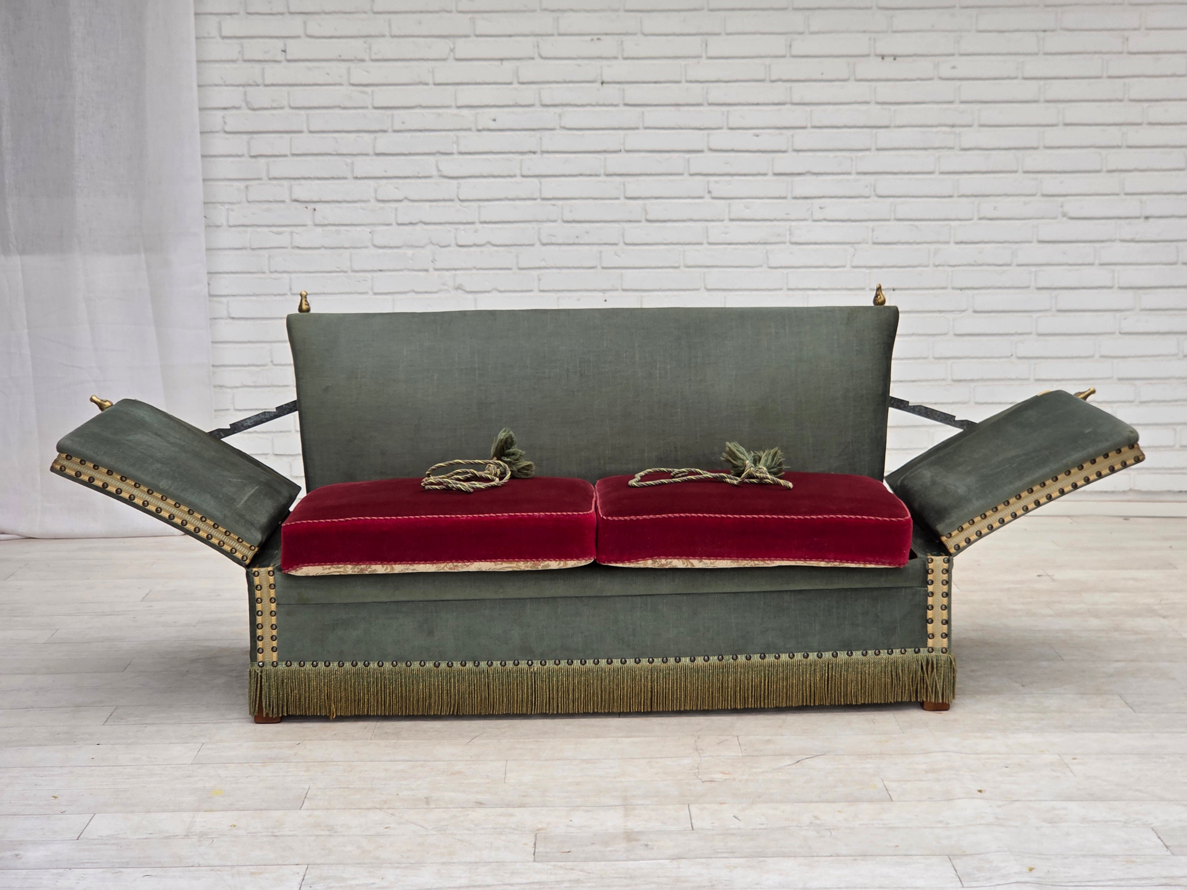 Danish_Drop-Arm_Spanish_2-Seater_Sofa_in_Green_and_Red_Velour,_1960s–1970s