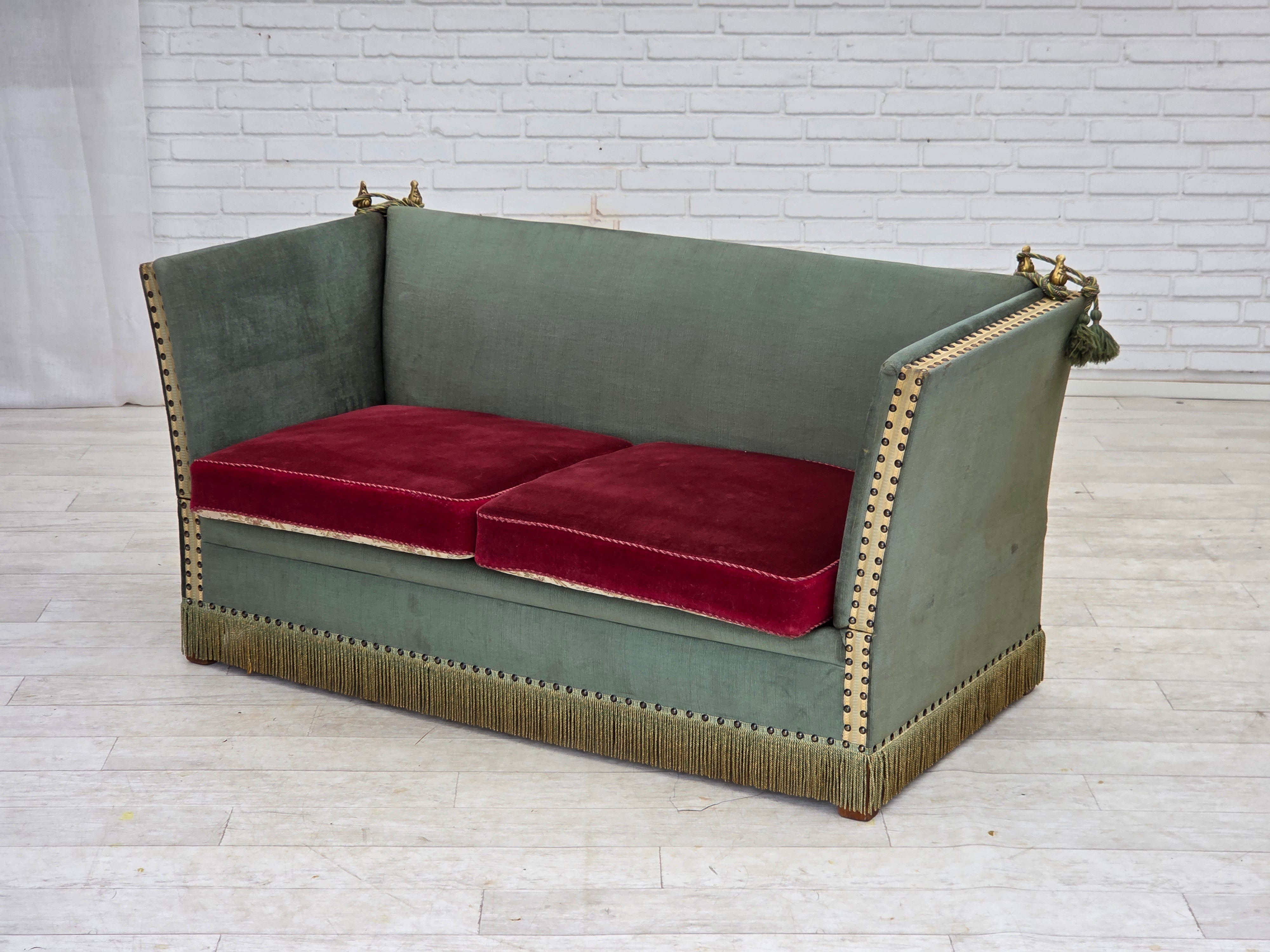 Danish_Drop-Arm_Spanish_2-Seater_Sofa_in_Green_and_Red_Velour,_1960s–1970s