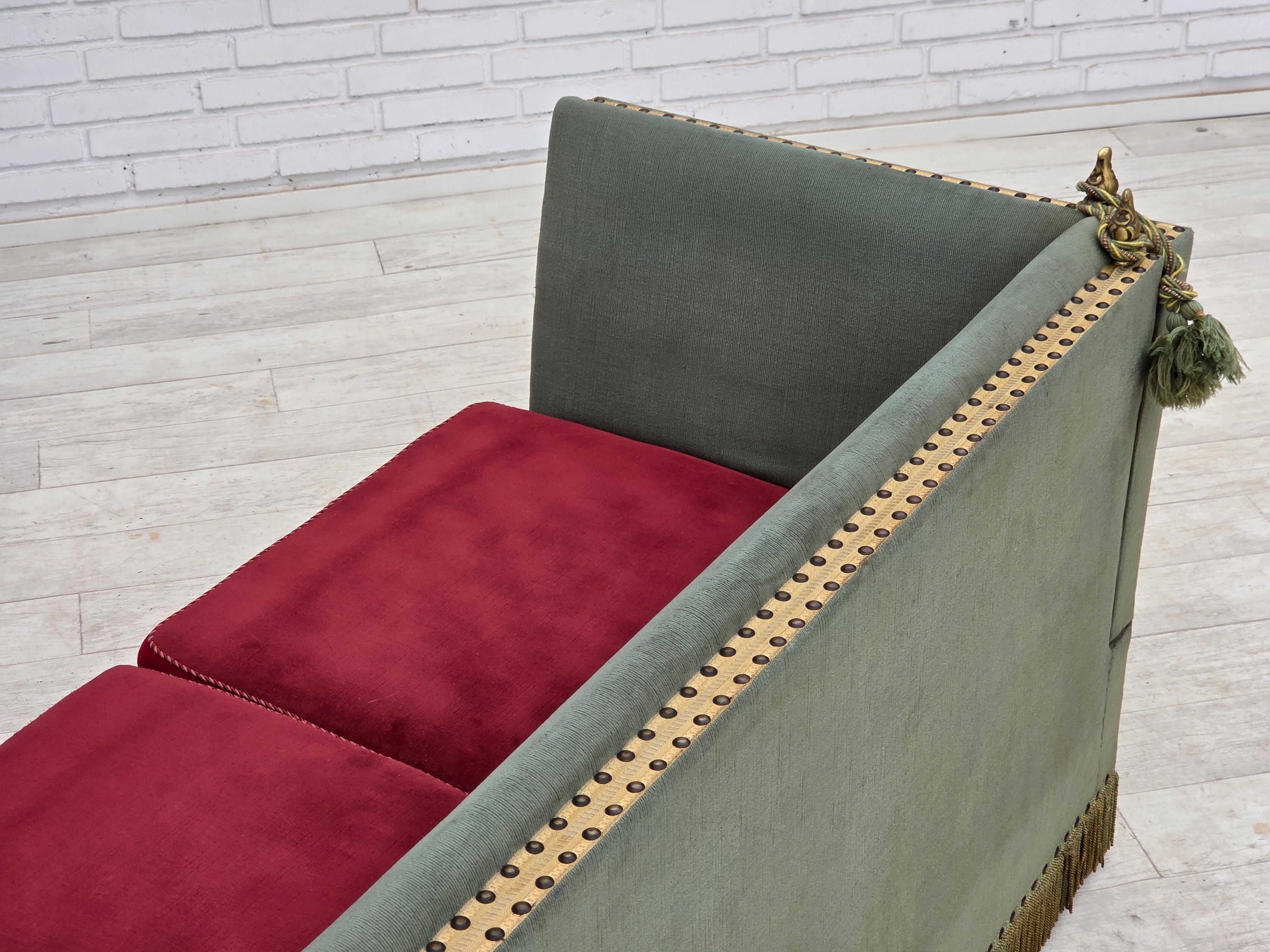 Danish_Drop-Arm_Spanish_2-Seater_Sofa_in_Green_and_Red_Velour,_1960s–1970s
