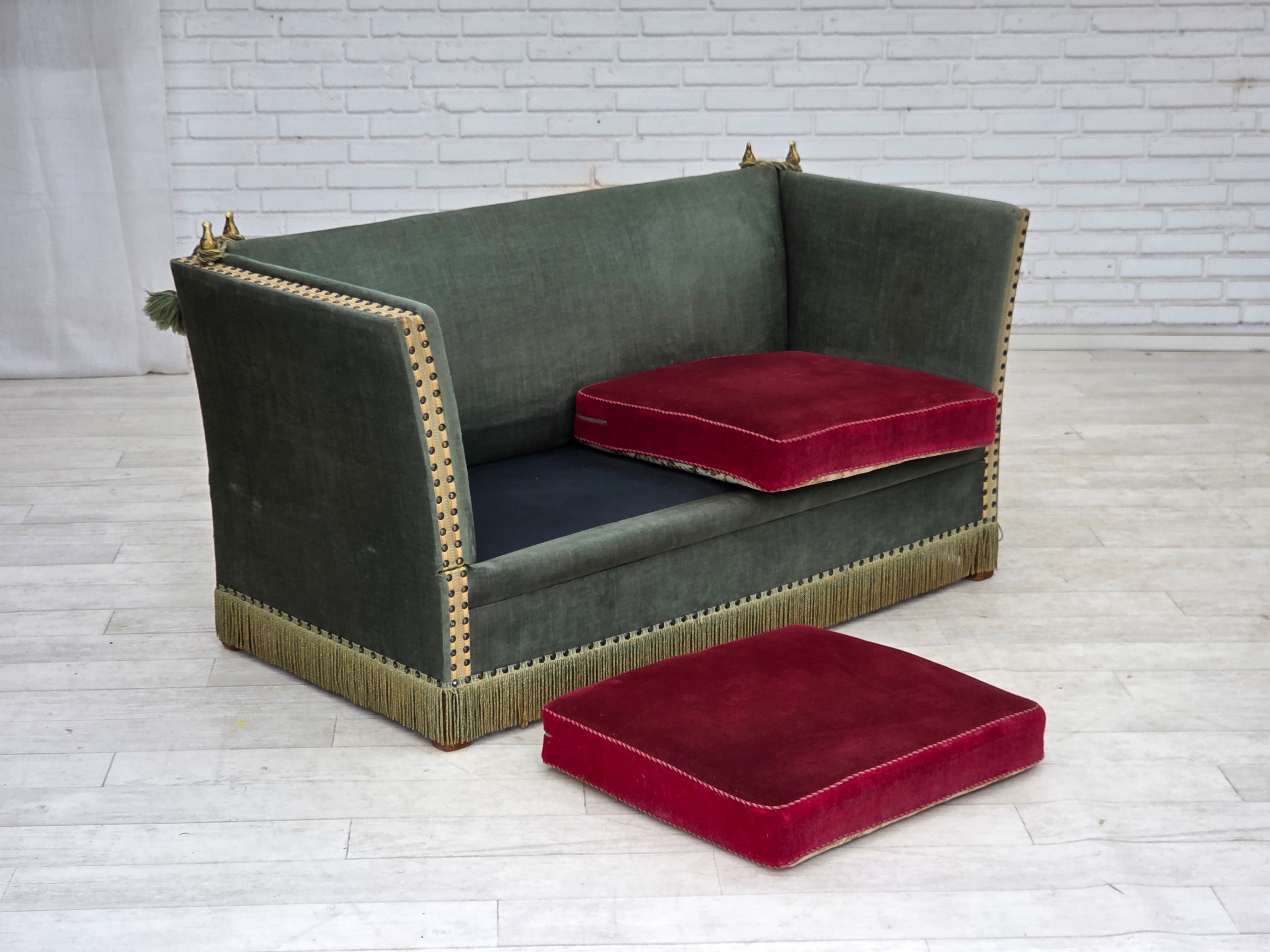 Danish_Drop-Arm_Spanish_2-Seater_Sofa_in_Green_and_Red_Velour,_1960s–1970s