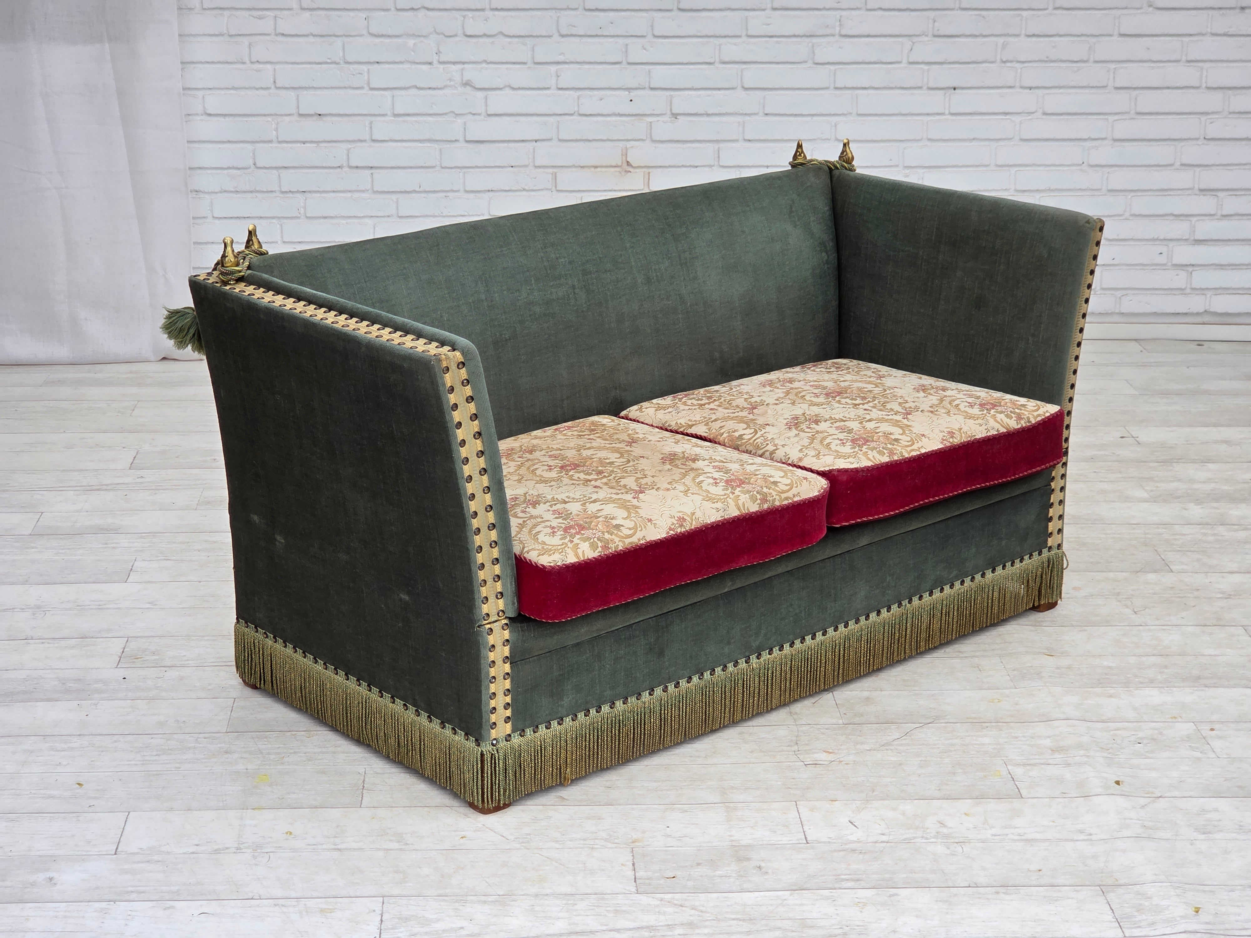 Danish_Drop-Arm_Spanish_2-Seater_Sofa_in_Green_and_Red_Velour,_1960s–1970s