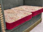 Danish_Drop-Arm_Spanish_2-Seater_Sofa_in_Green_and_Red_Velour,_1960s–1970s
