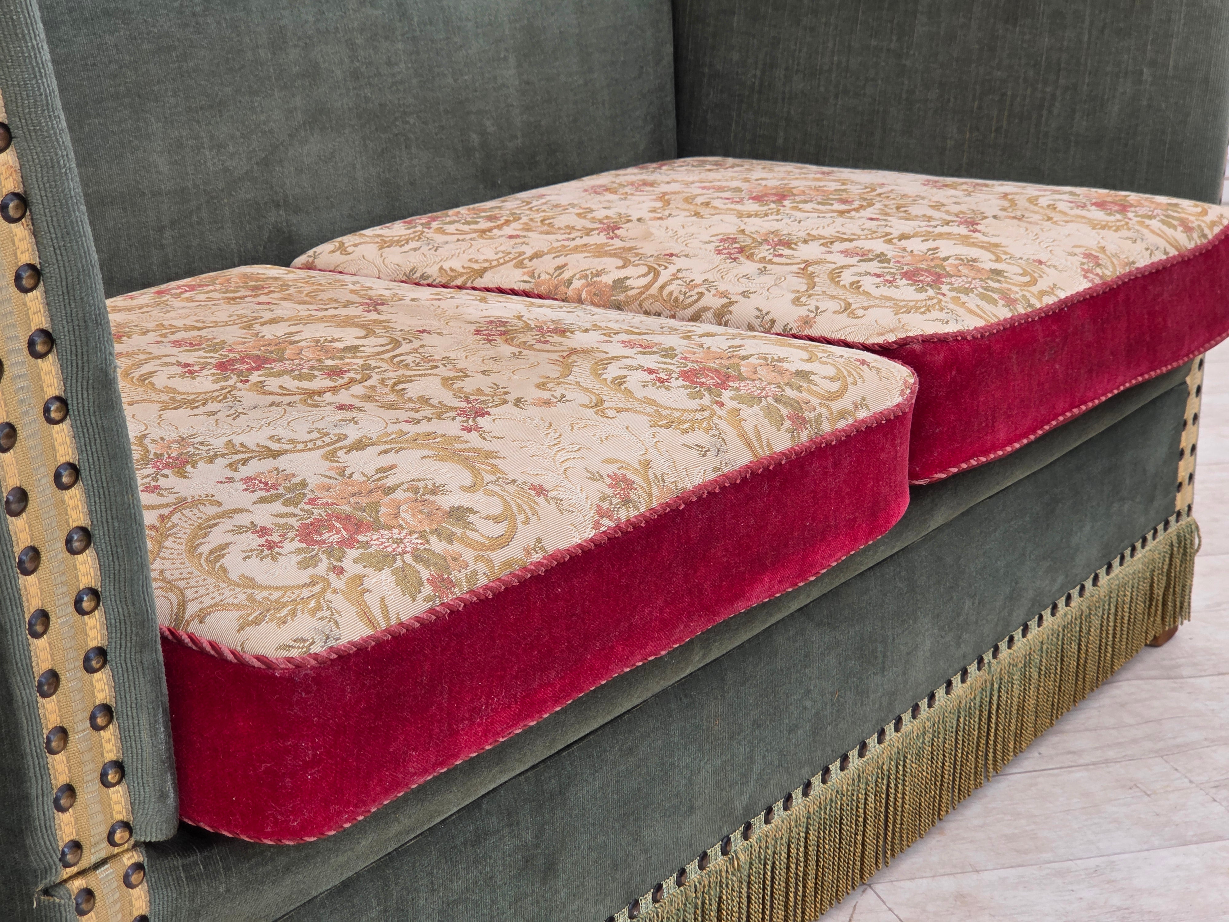 Danish_Drop-Arm_Spanish_2-Seater_Sofa_in_Green_and_Red_Velour,_1960s–1970s