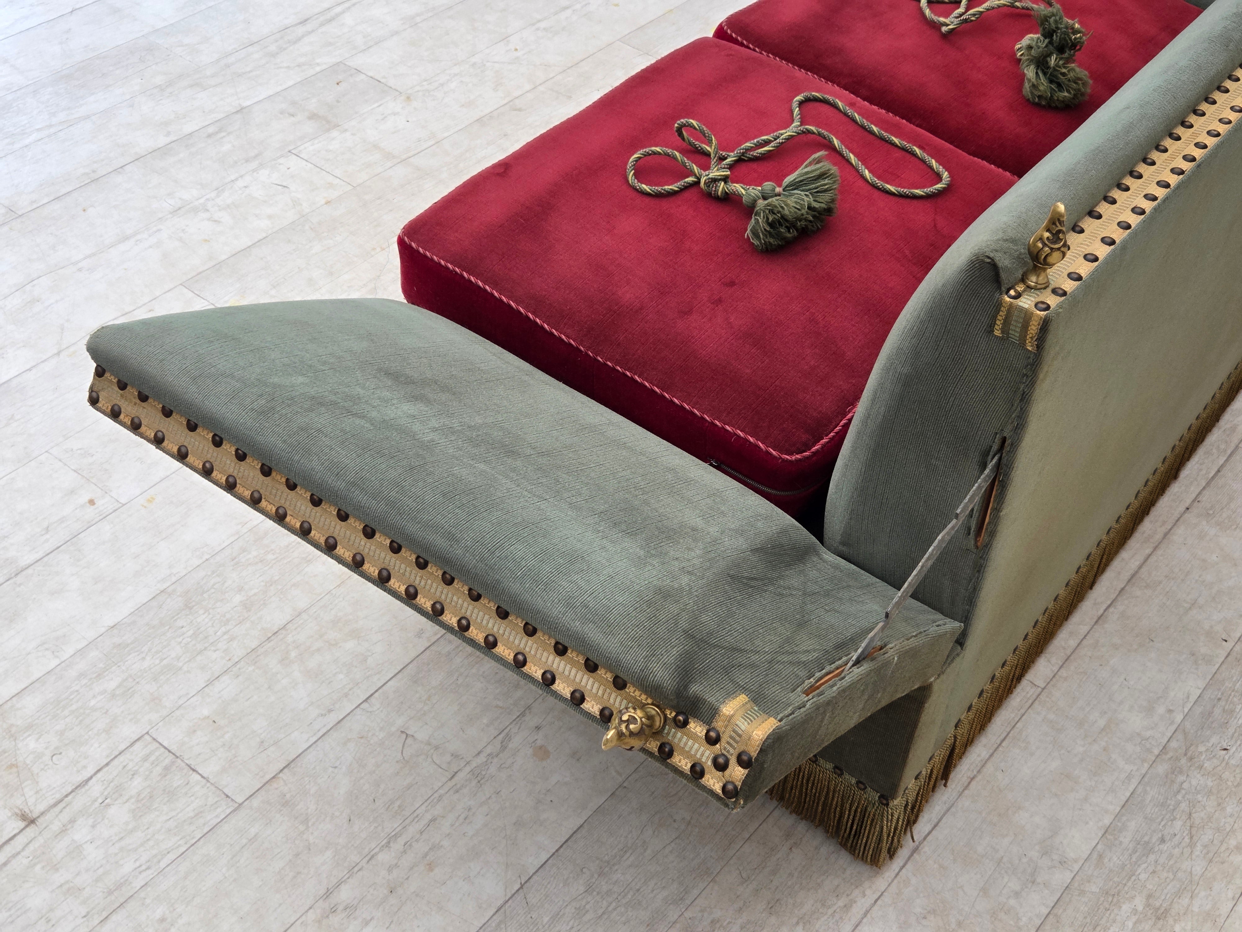 Danish_Drop-Arm_Spanish_2-Seater_Sofa_in_Green_and_Red_Velour,_1960s–1970s
