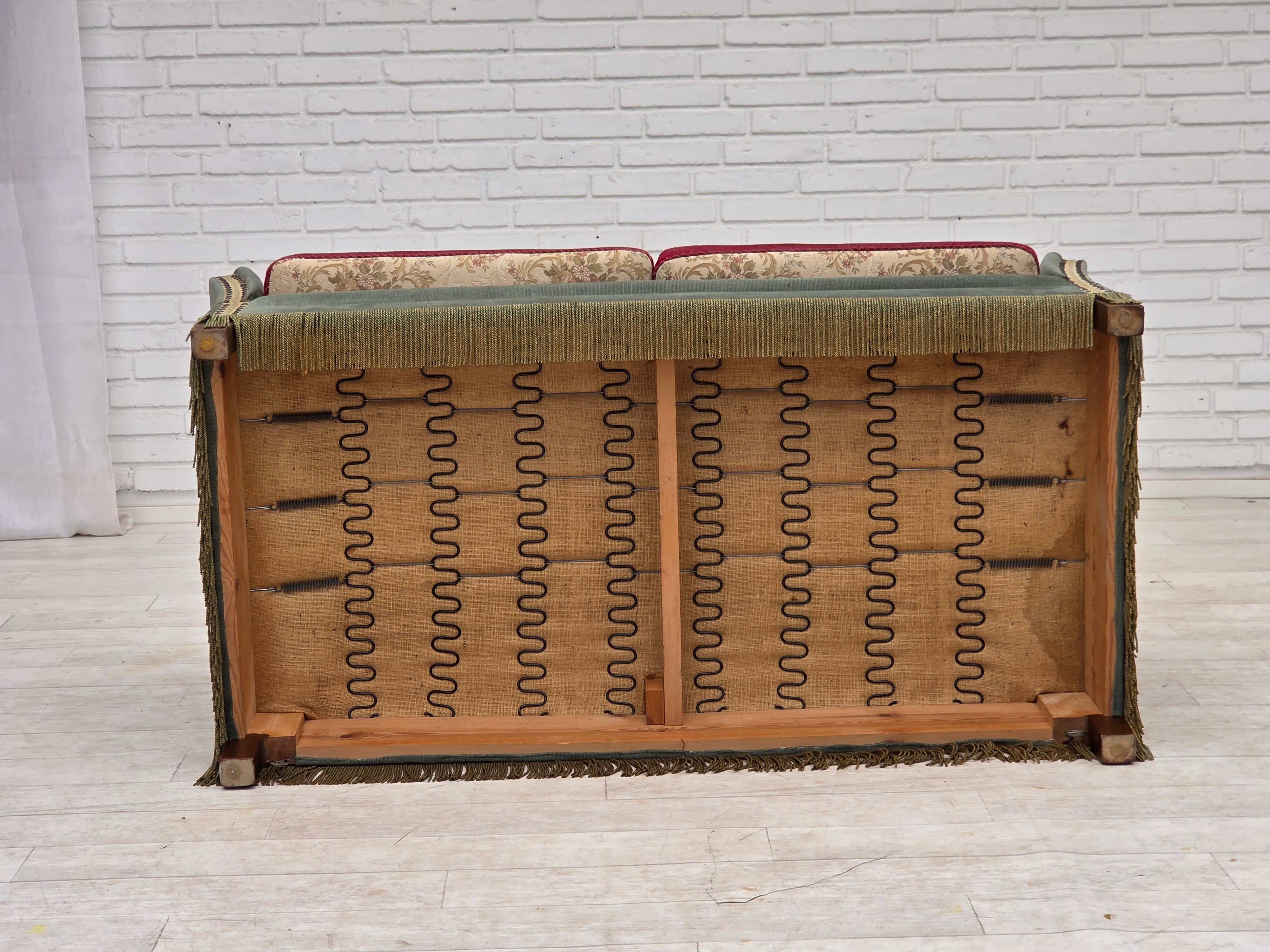 Danish_Drop-Arm_Spanish_2-Seater_Sofa_in_Green_and_Red_Velour,_1960s–1970s