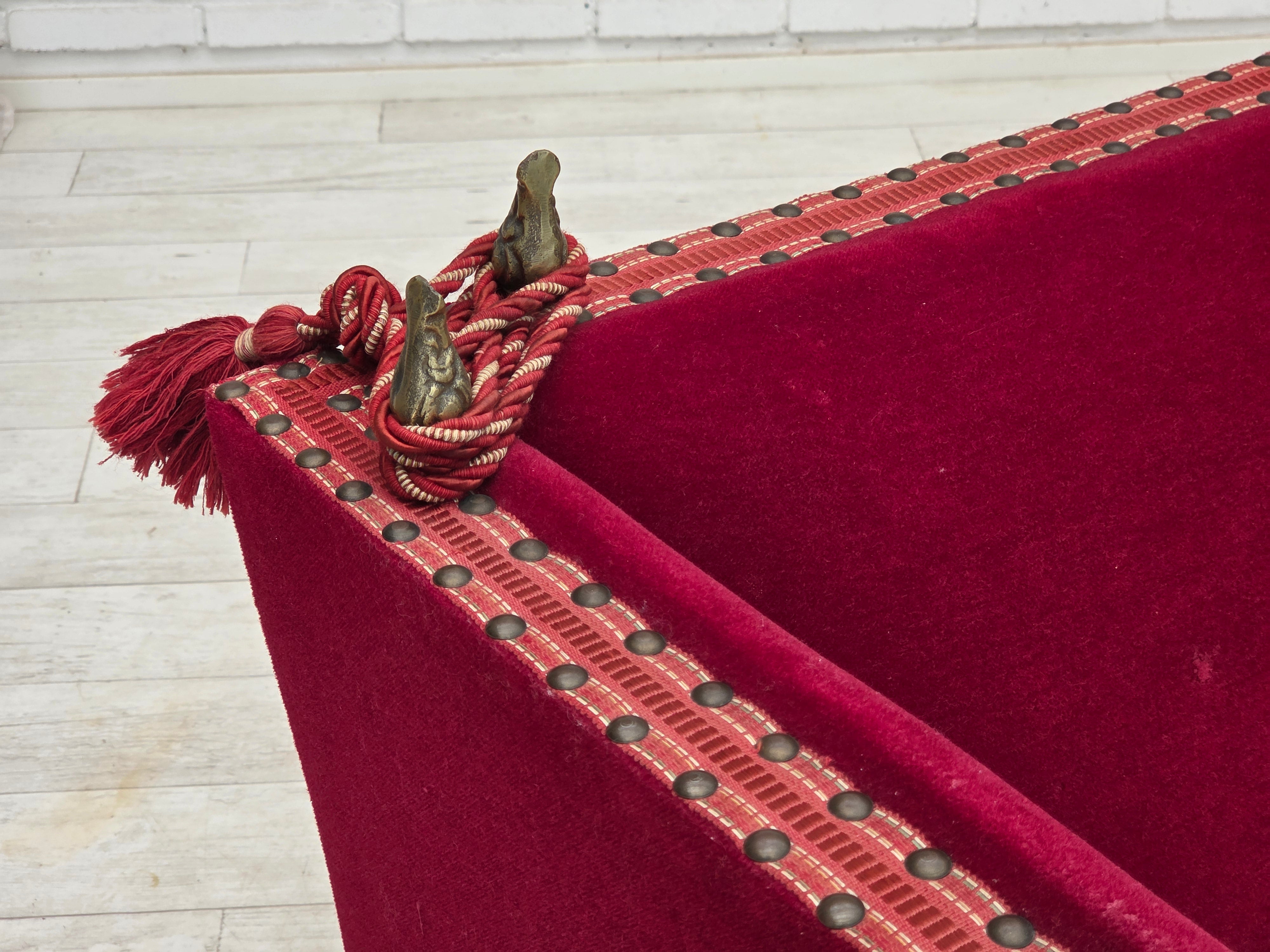 Danish_Drop-Arm_Spanish_2-Seater_Sofa_in_Red_Velour_with_Ash_Legs,_1970s
