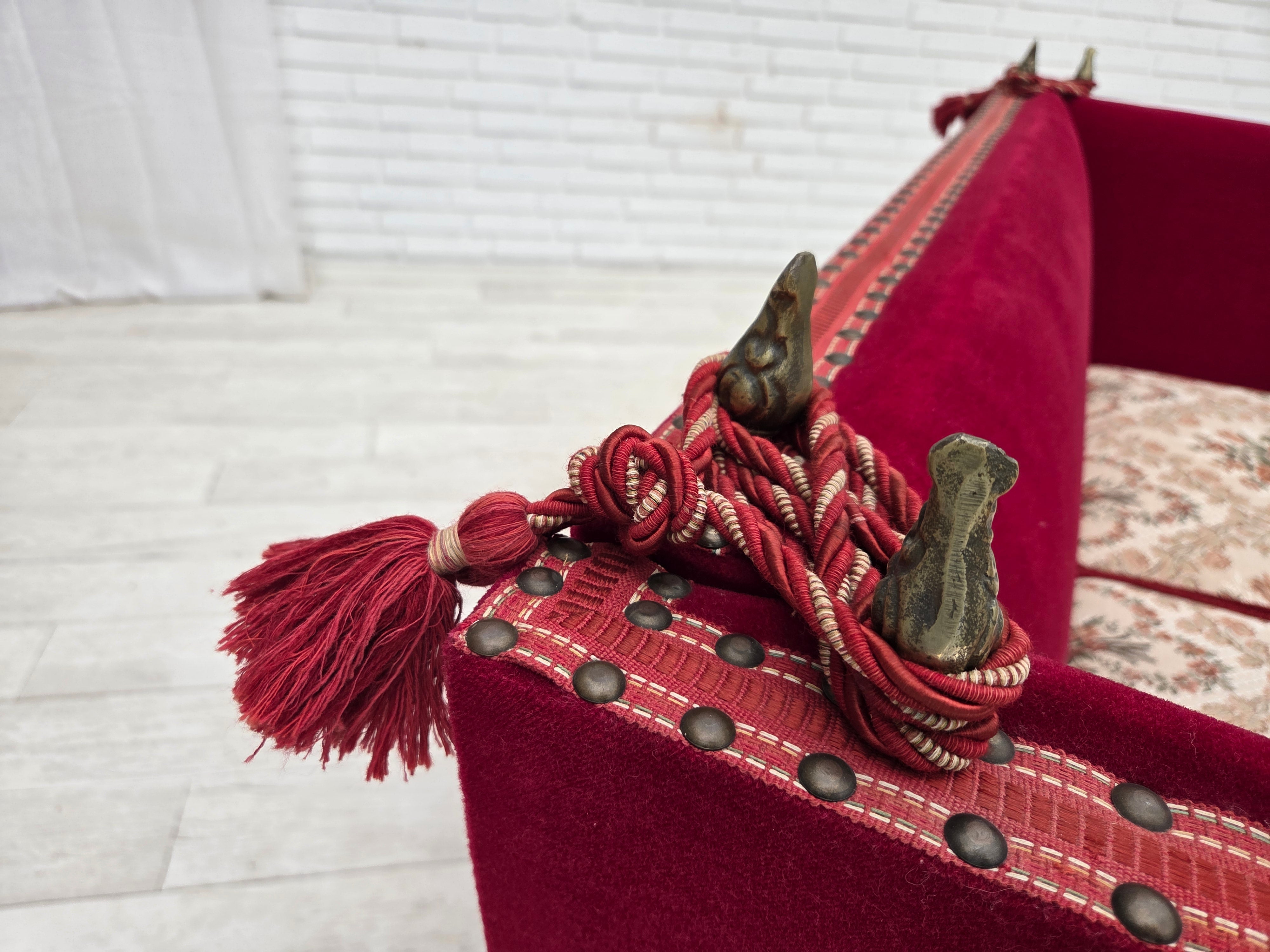 Danish_Drop-Arm_Spanish_2-Seater_Sofa_in_Red_Velour_with_Ash_Legs,_1970s