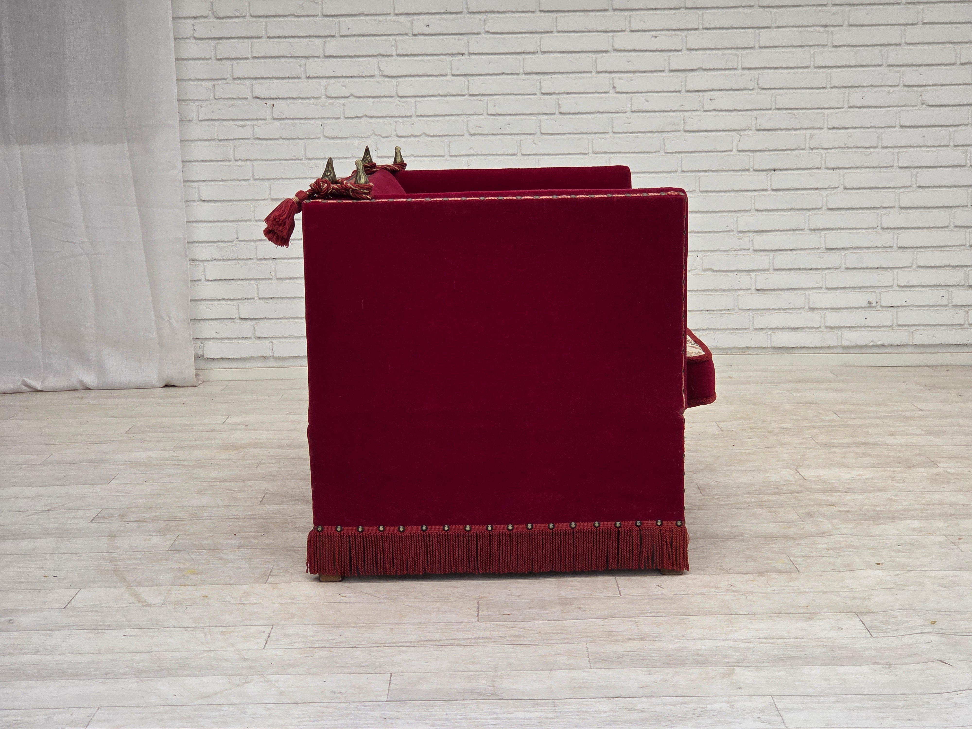 Danish_Drop-Arm_Spanish_2-Seater_Sofa_in_Red_Velour_with_Ash_Legs,_1970s