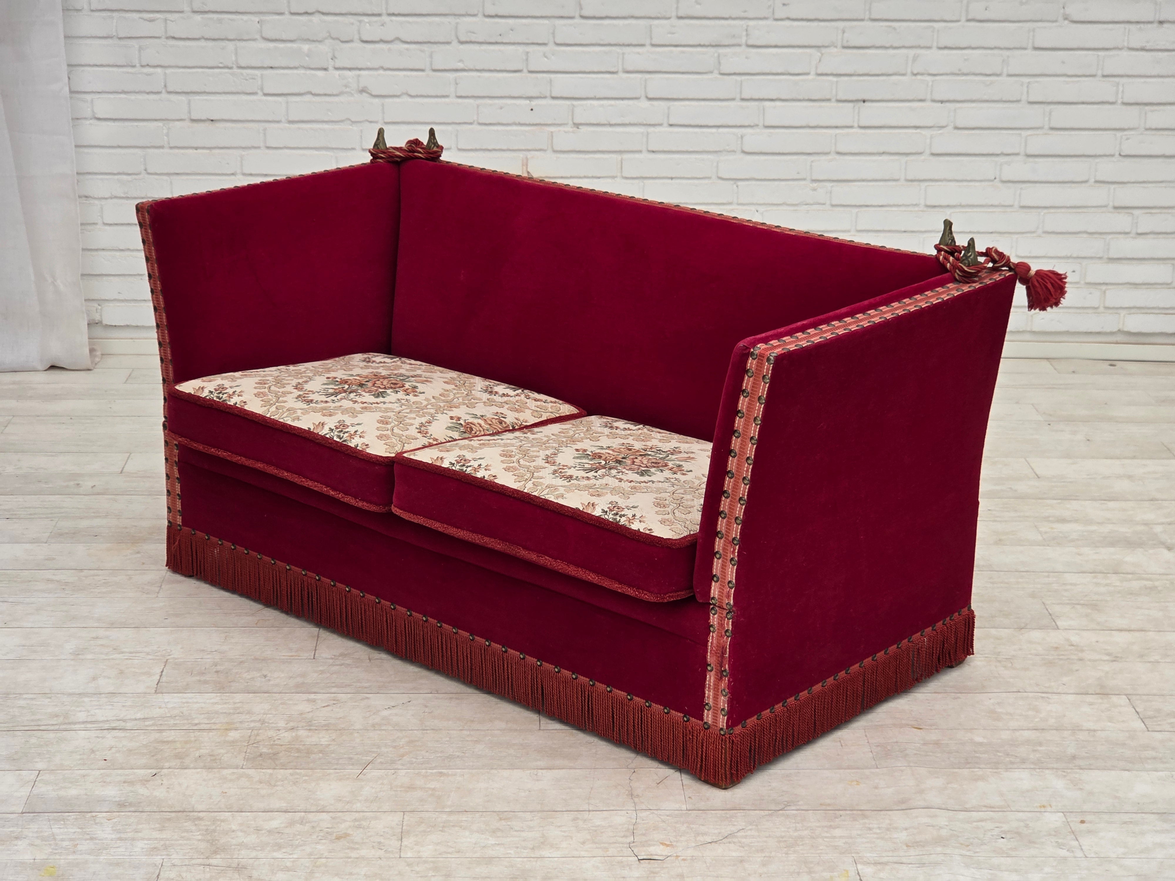 Danish_Drop-Arm_Spanish_2-Seater_Sofa_in_Red_Velour_with_Ash_Legs,_1970s