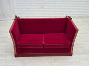 Danish_Drop-Arm_Spanish_2-Seater_Sofa_in_Red_Velour_with_Ash_Legs,_1970s