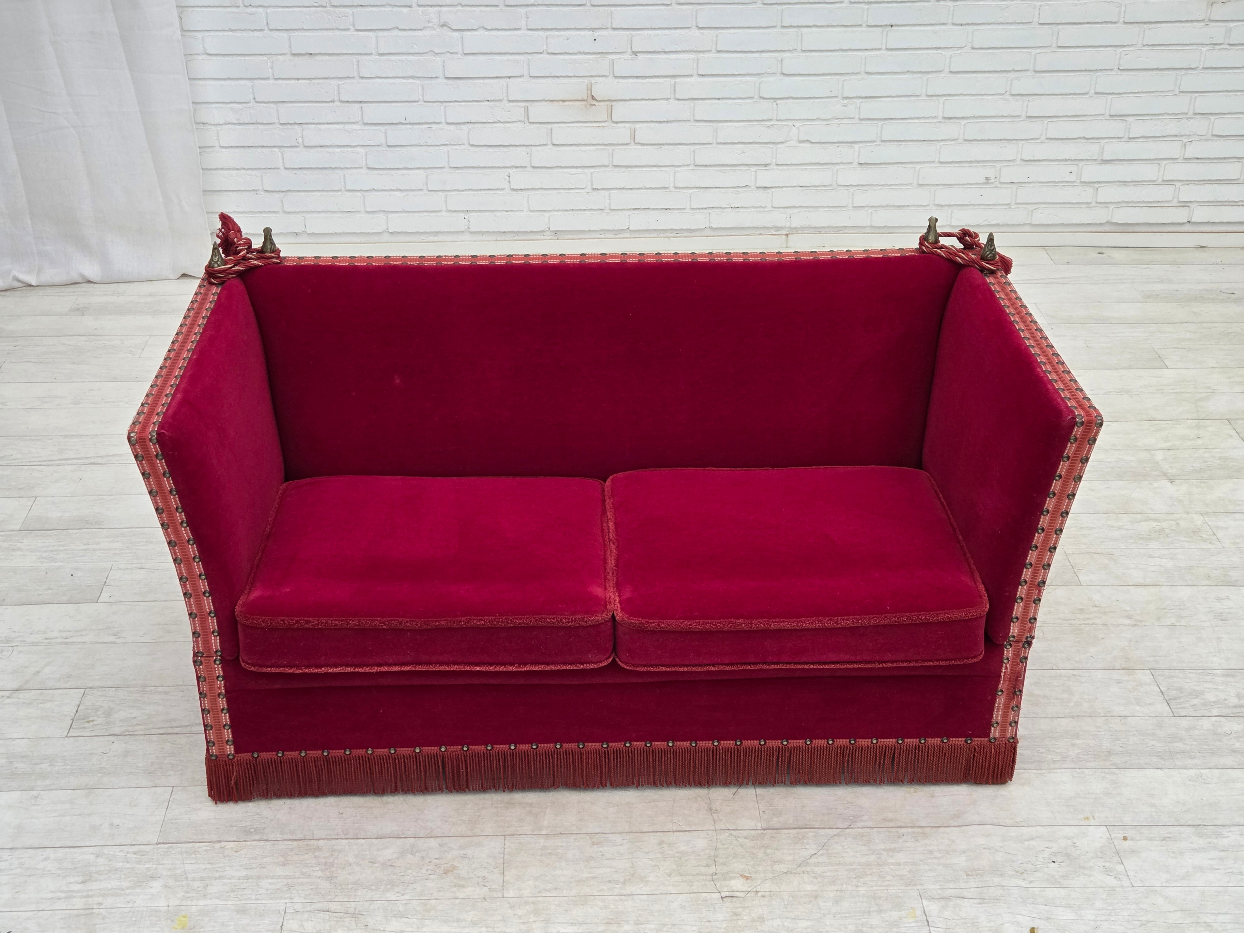Danish_Drop-Arm_Spanish_2-Seater_Sofa_in_Red_Velour_with_Ash_Legs,_1970s