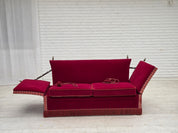 Danish_Drop-Arm_Spanish_2-Seater_Sofa_in_Red_Velour_with_Ash_Legs,_1970s