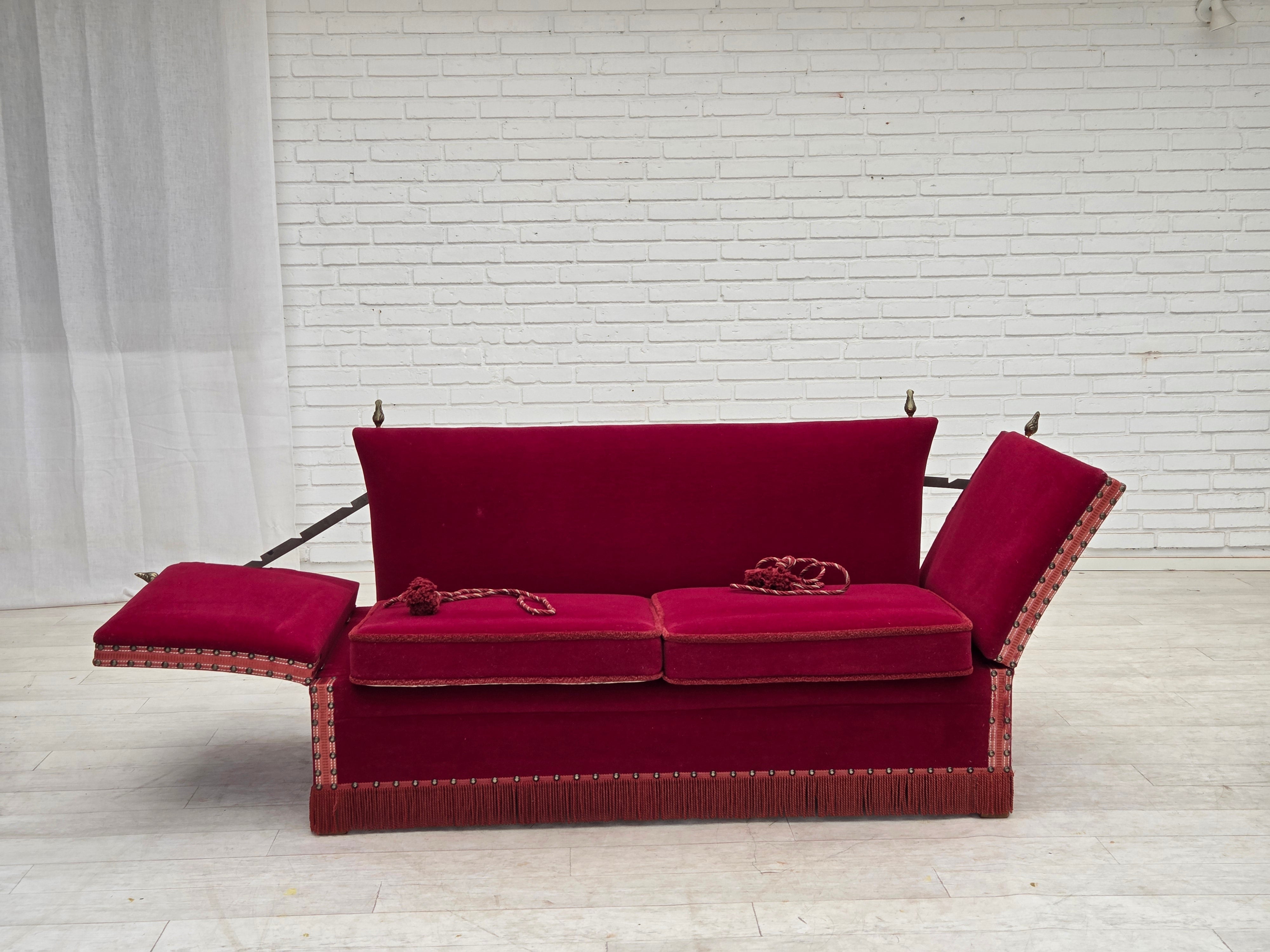 Danish_Drop-Arm_Spanish_2-Seater_Sofa_in_Red_Velour_with_Ash_Legs,_1970s