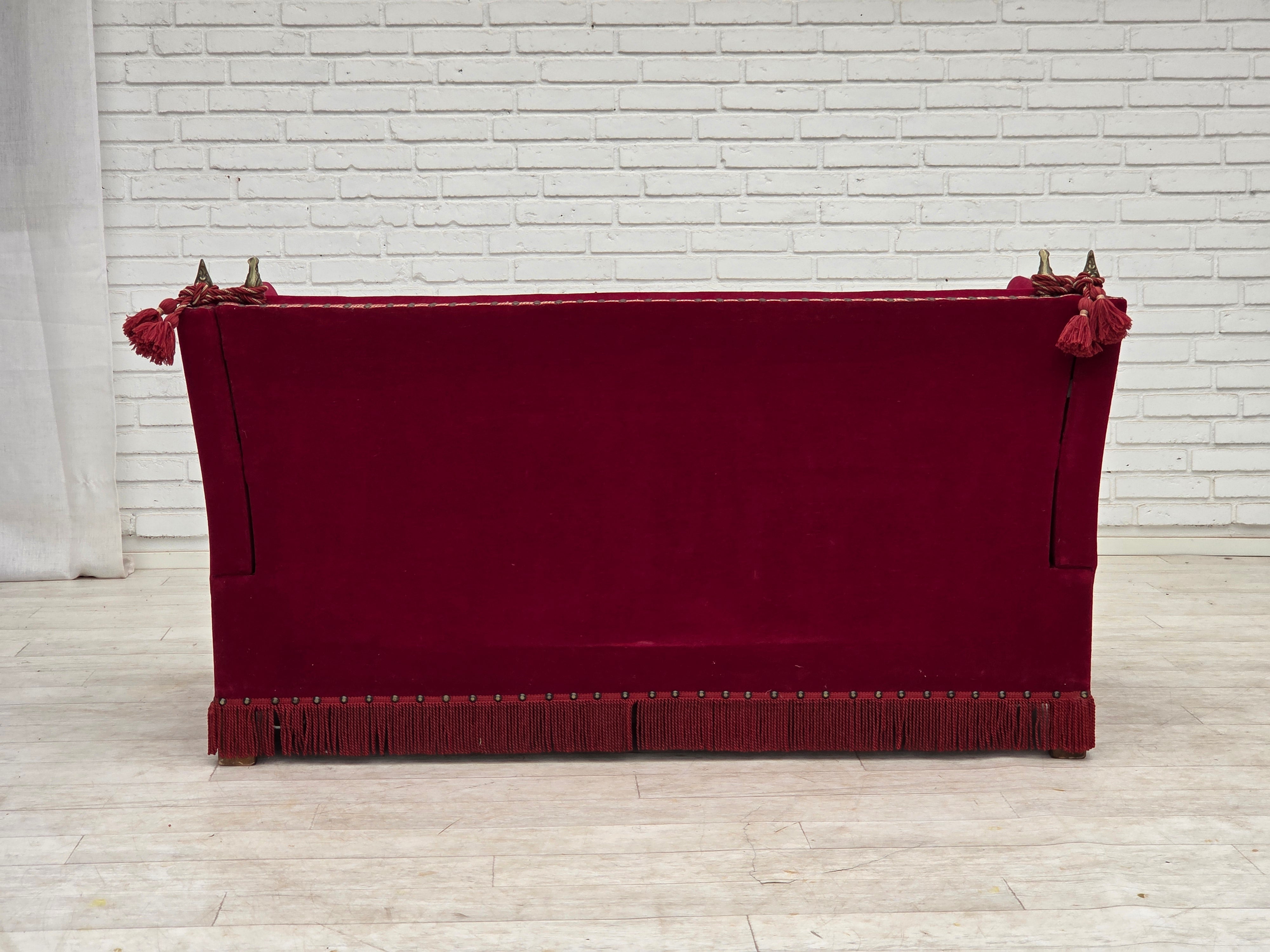 Danish_Drop-Arm_Spanish_2-Seater_Sofa_in_Red_Velour_with_Ash_Legs,_1970s