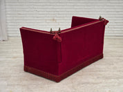 Danish_Drop-Arm_Spanish_2-Seater_Sofa_in_Red_Velour_with_Ash_Legs,_1970s