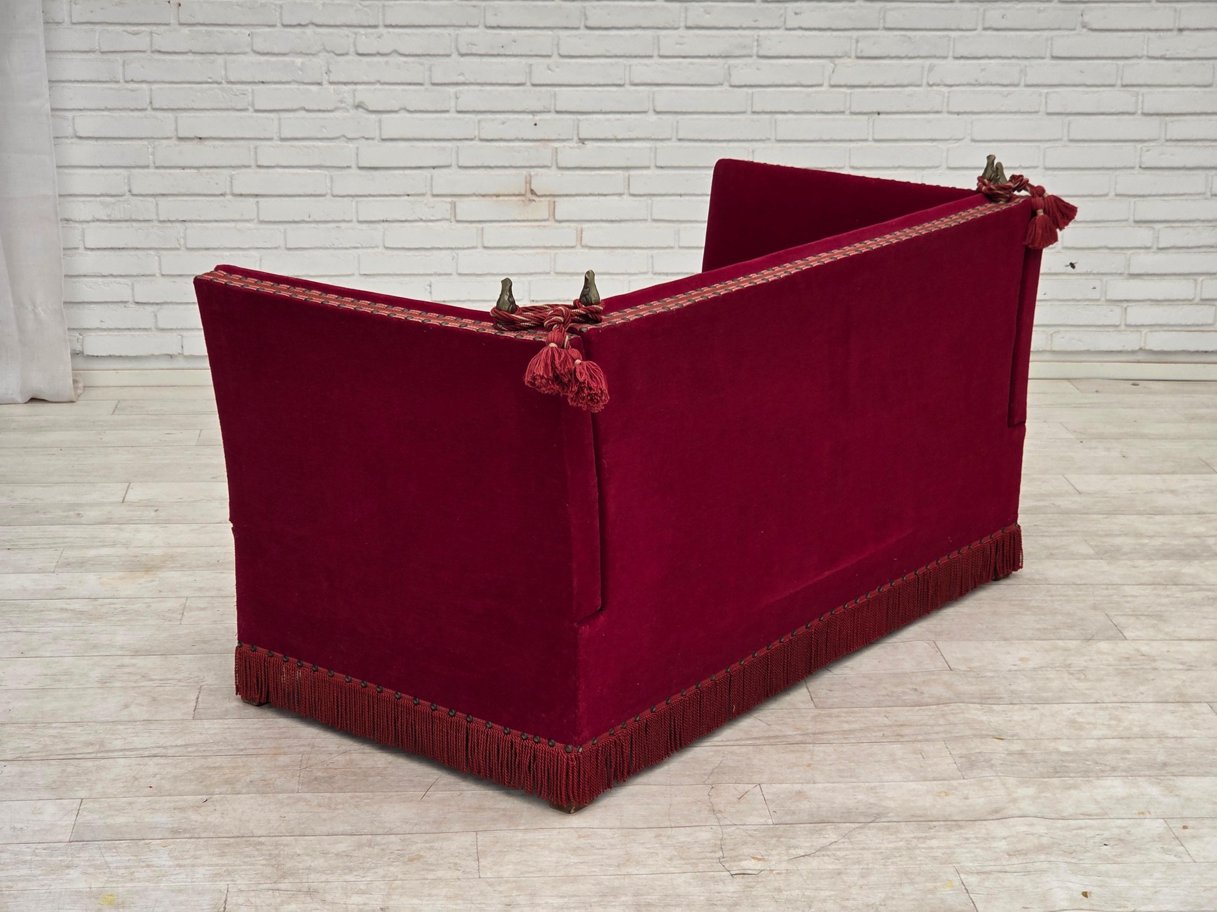 Danish_Drop-Arm_Spanish_2-Seater_Sofa_in_Red_Velour_with_Ash_Legs,_1970s