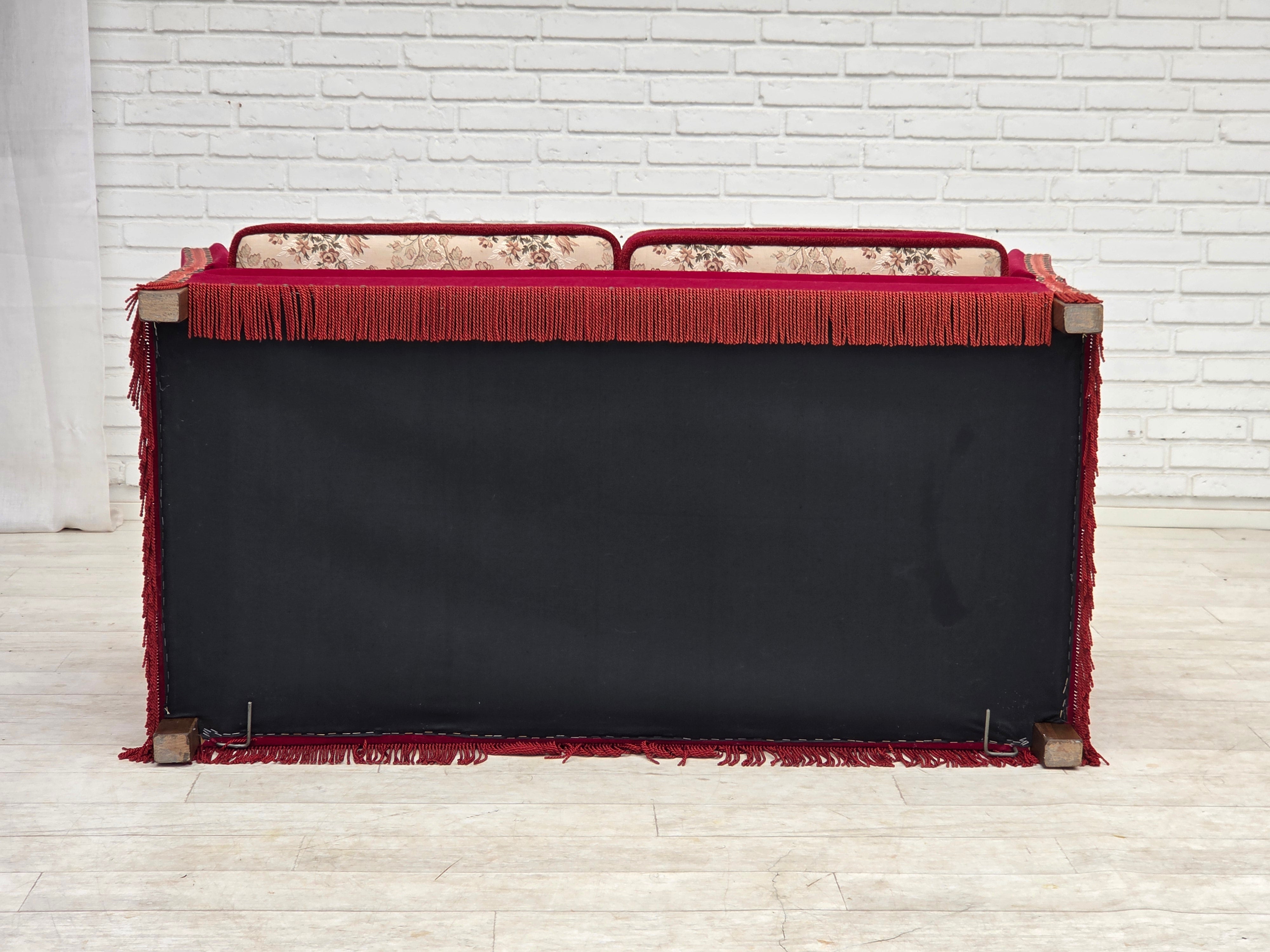 Danish_Drop-Arm_Spanish_2-Seater_Sofa_in_Red_Velour_with_Ash_Legs,_1970s