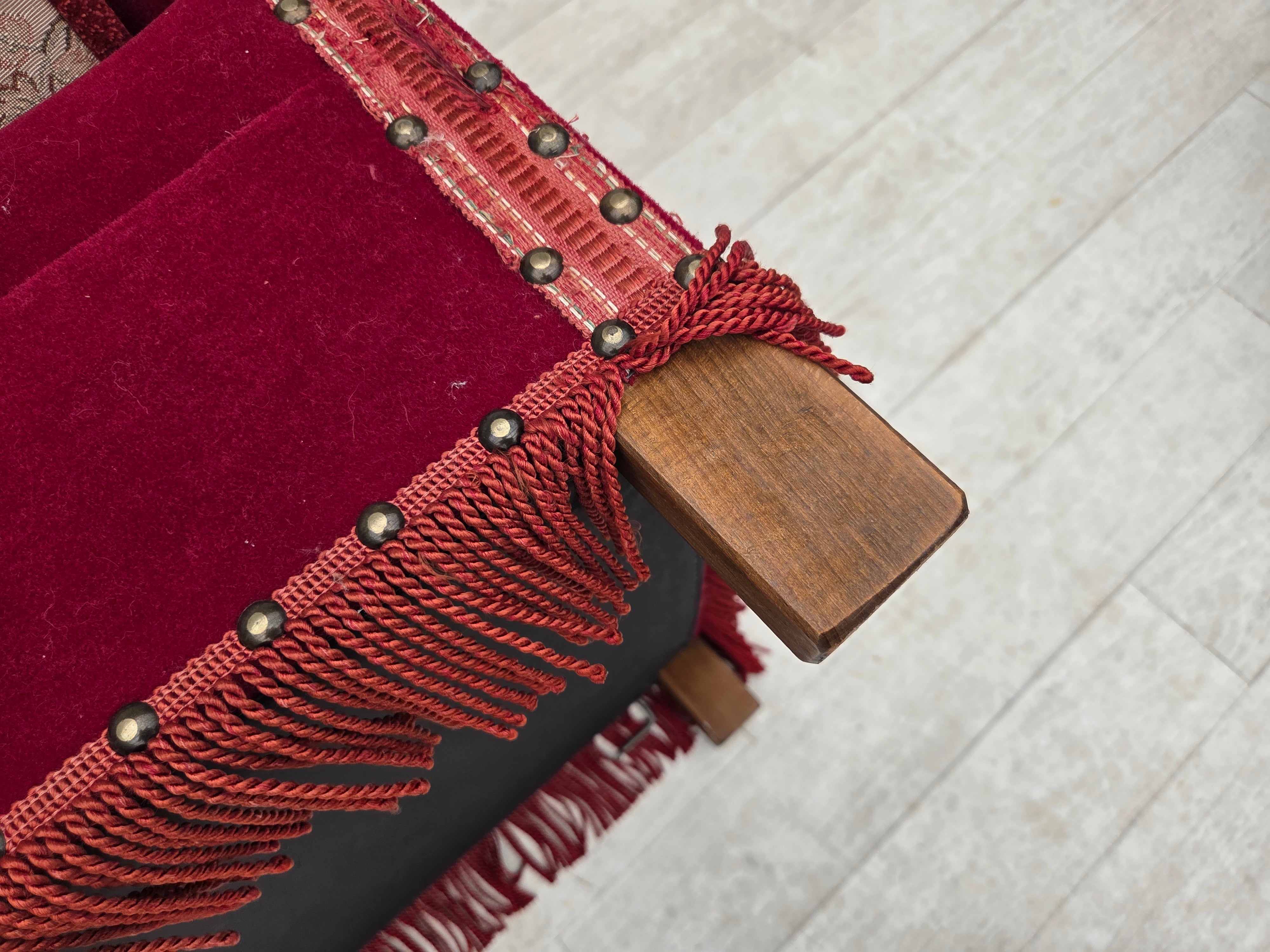 Danish_Drop-Arm_Spanish_2-Seater_Sofa_in_Red_Velour_with_Ash_Legs,_1970s