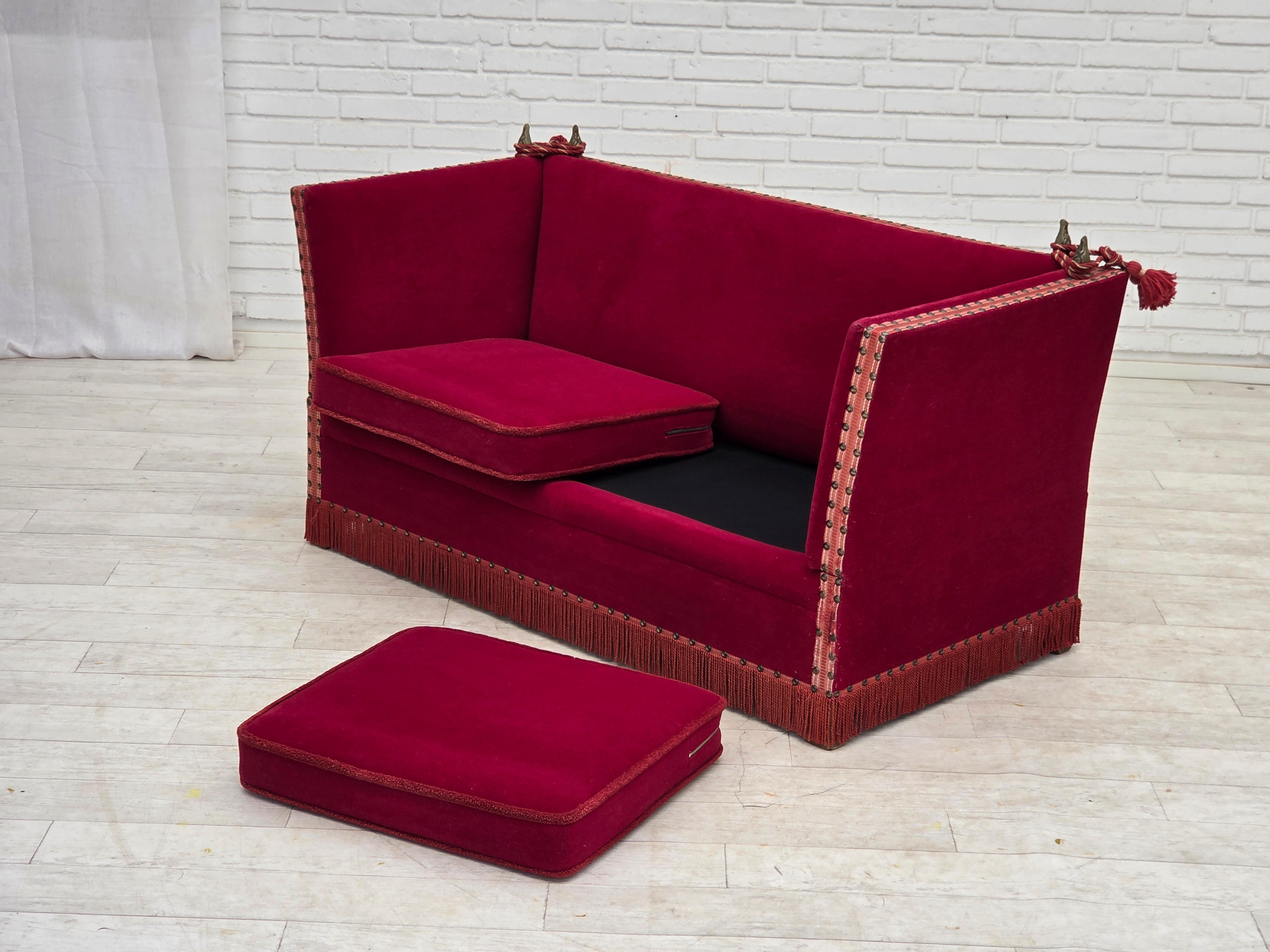 Danish_Drop-Arm_Spanish_2-Seater_Sofa_in_Red_Velour_with_Ash_Legs,_1970s