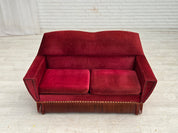 Danish_Red_Velour_2-Seater_Sofa_with_Beech_Legs,_1970s