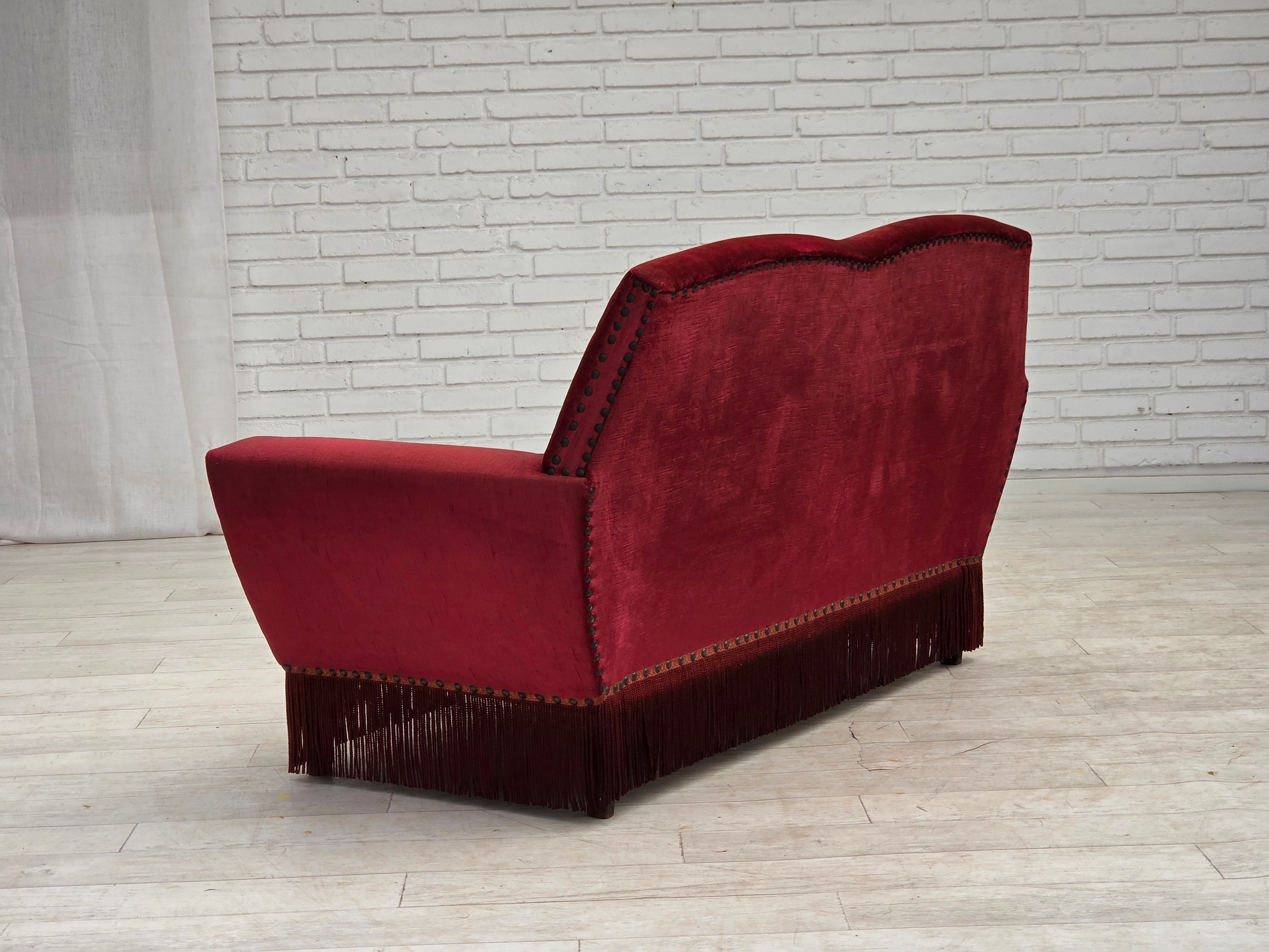 Danish_Red_Velour_2-Seater_Sofa_with_Beech_Legs,_1970s