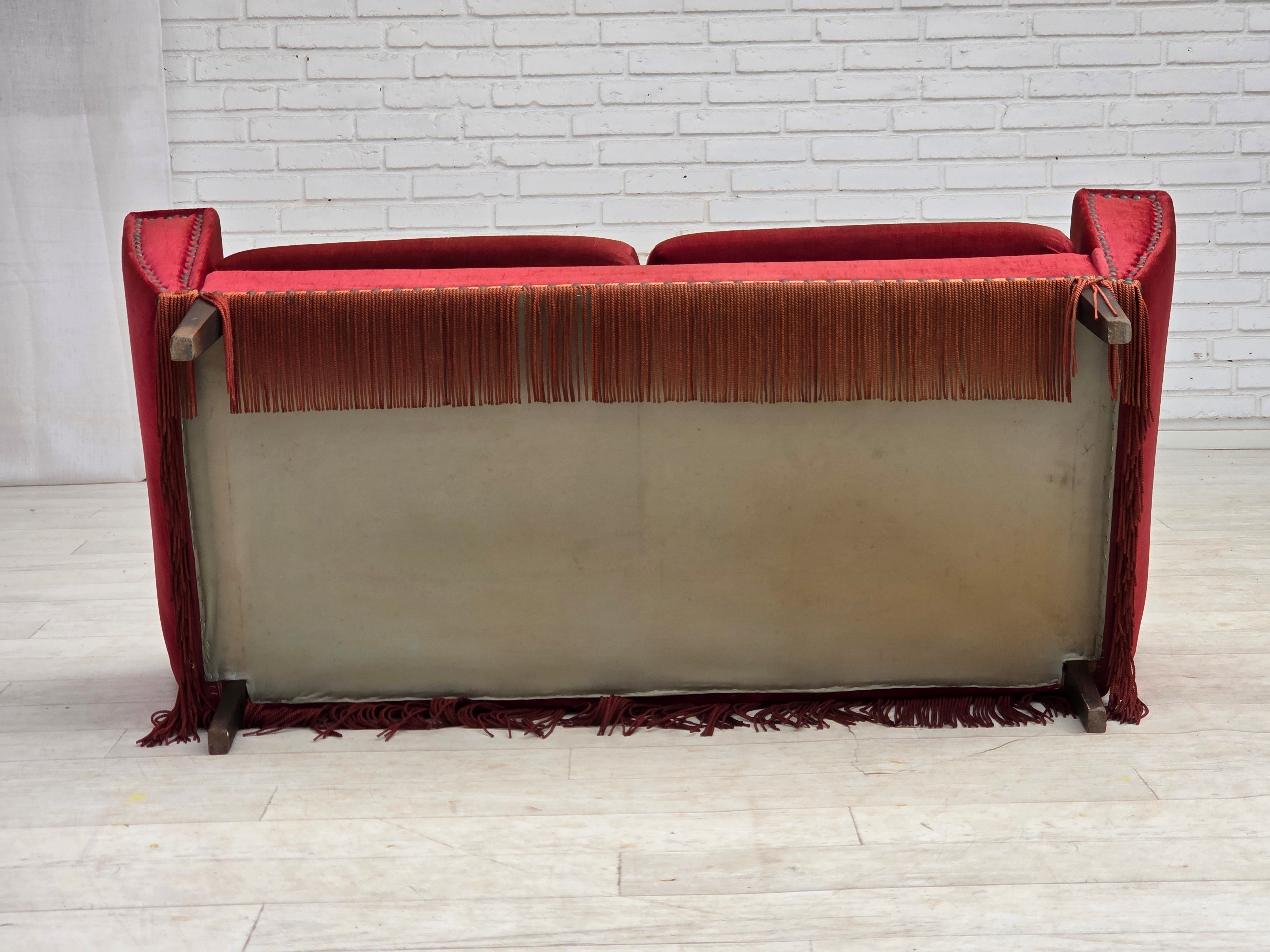 Danish_Red_Velour_2-Seater_Sofa_with_Beech_Legs,_1970s