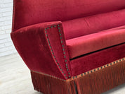 Danish_Red_Velour_2-Seater_Sofa_with_Beech_Legs,_1970s