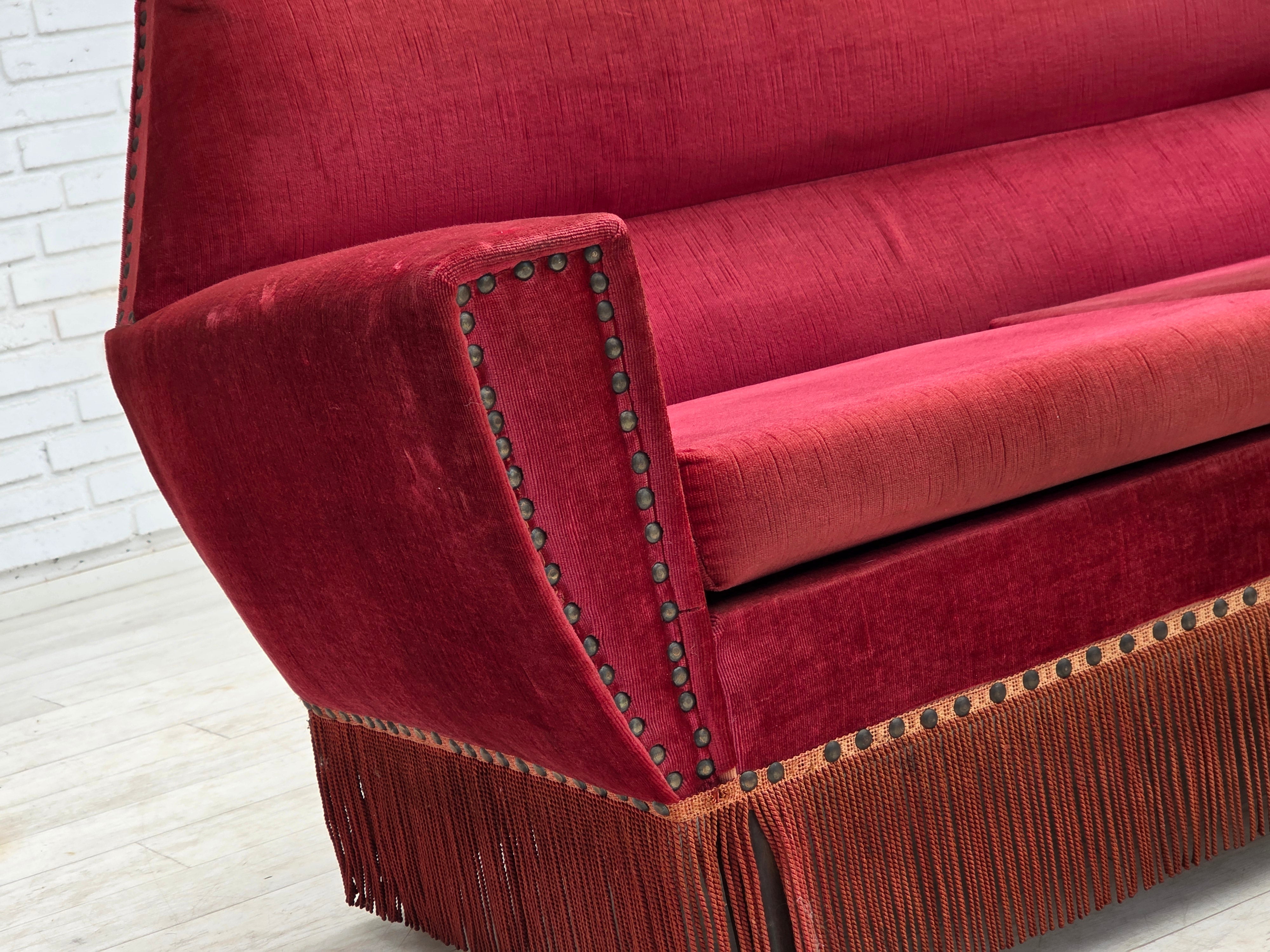 Danish_Red_Velour_2-Seater_Sofa_with_Beech_Legs,_1970s