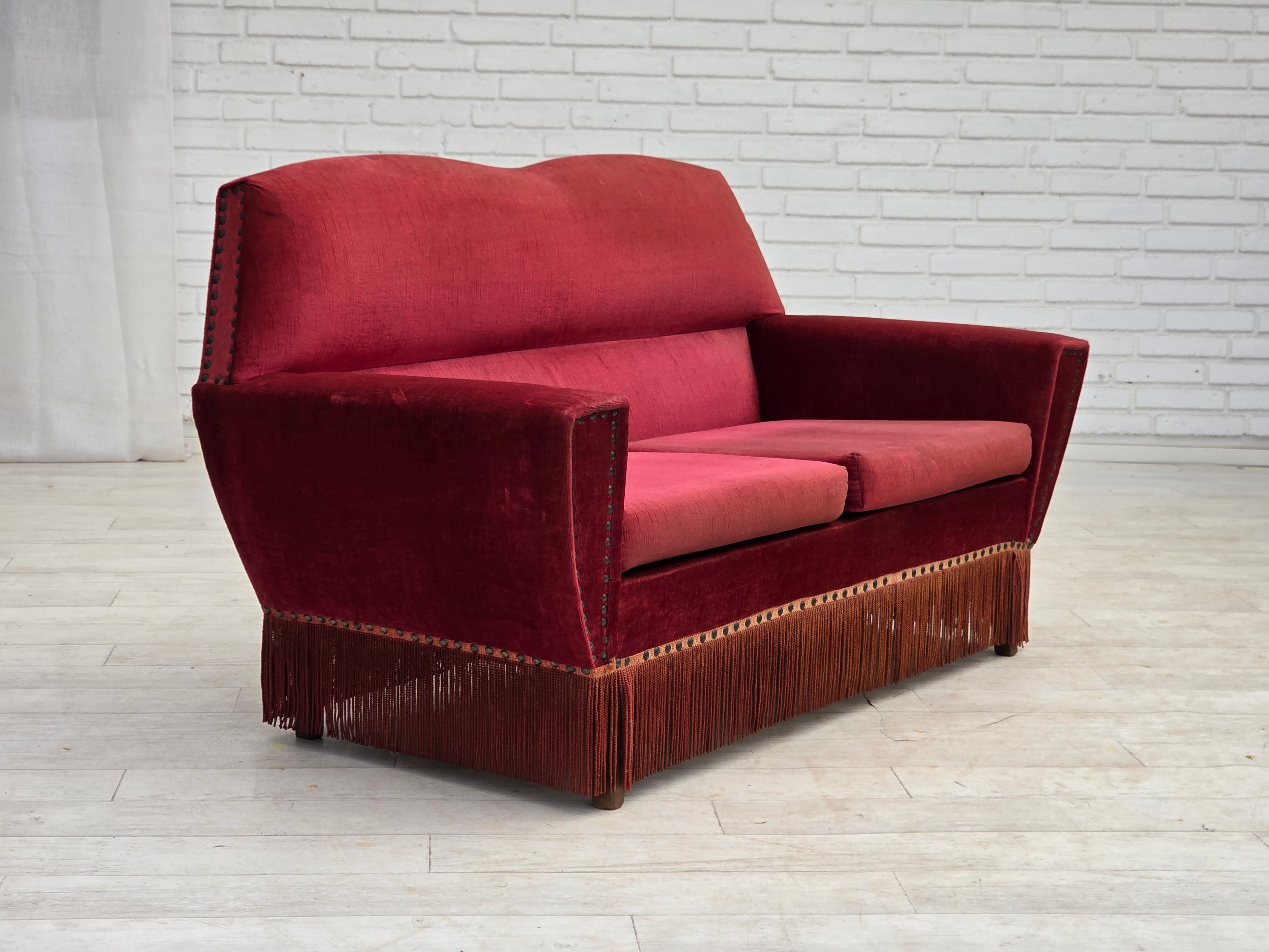 Danish_Red_Velour_2-Seater_Sofa_with_Beech_Legs,_1970s