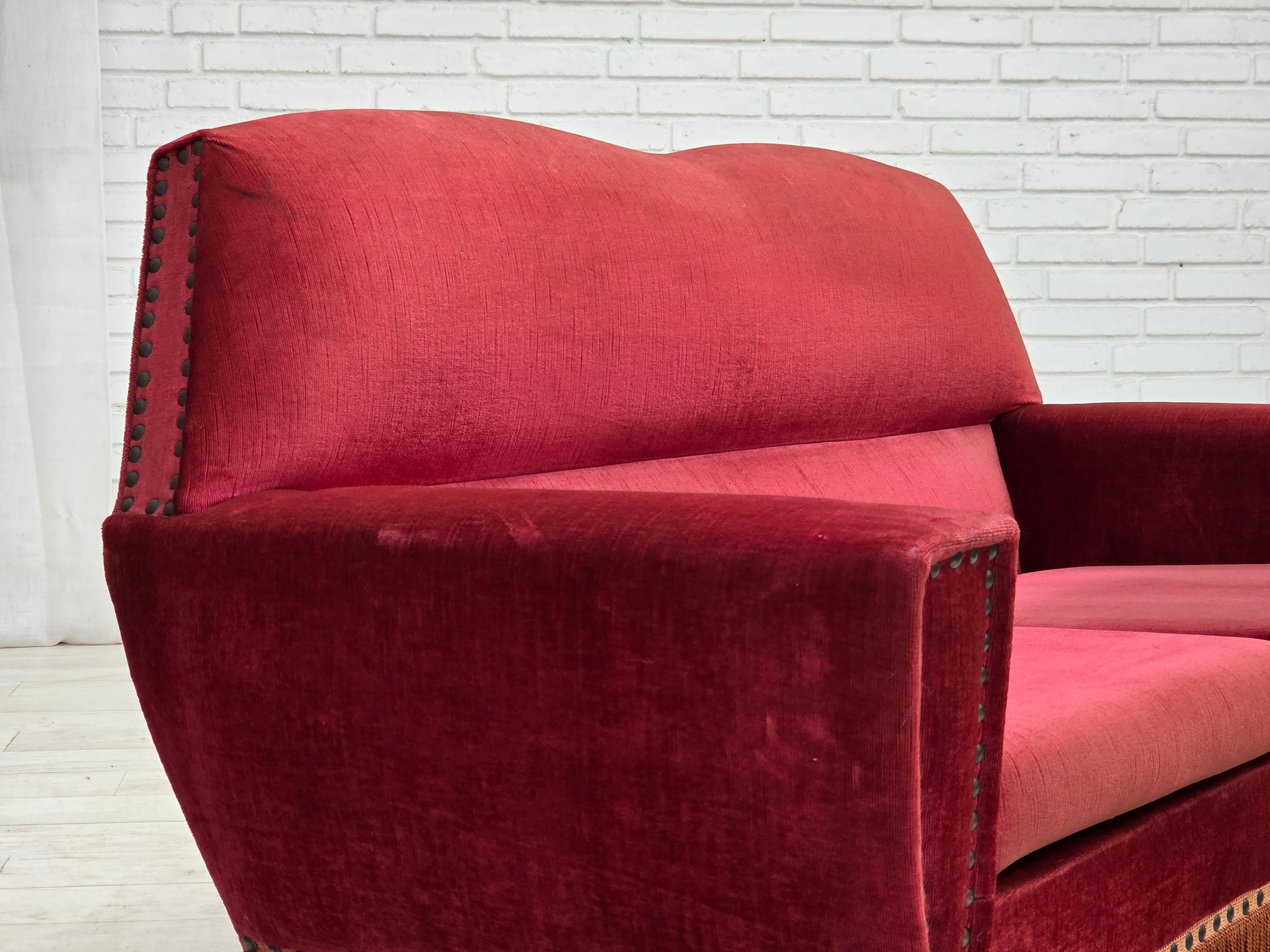 Danish_Red_Velour_2-Seater_Sofa_with_Beech_Legs,_1970s