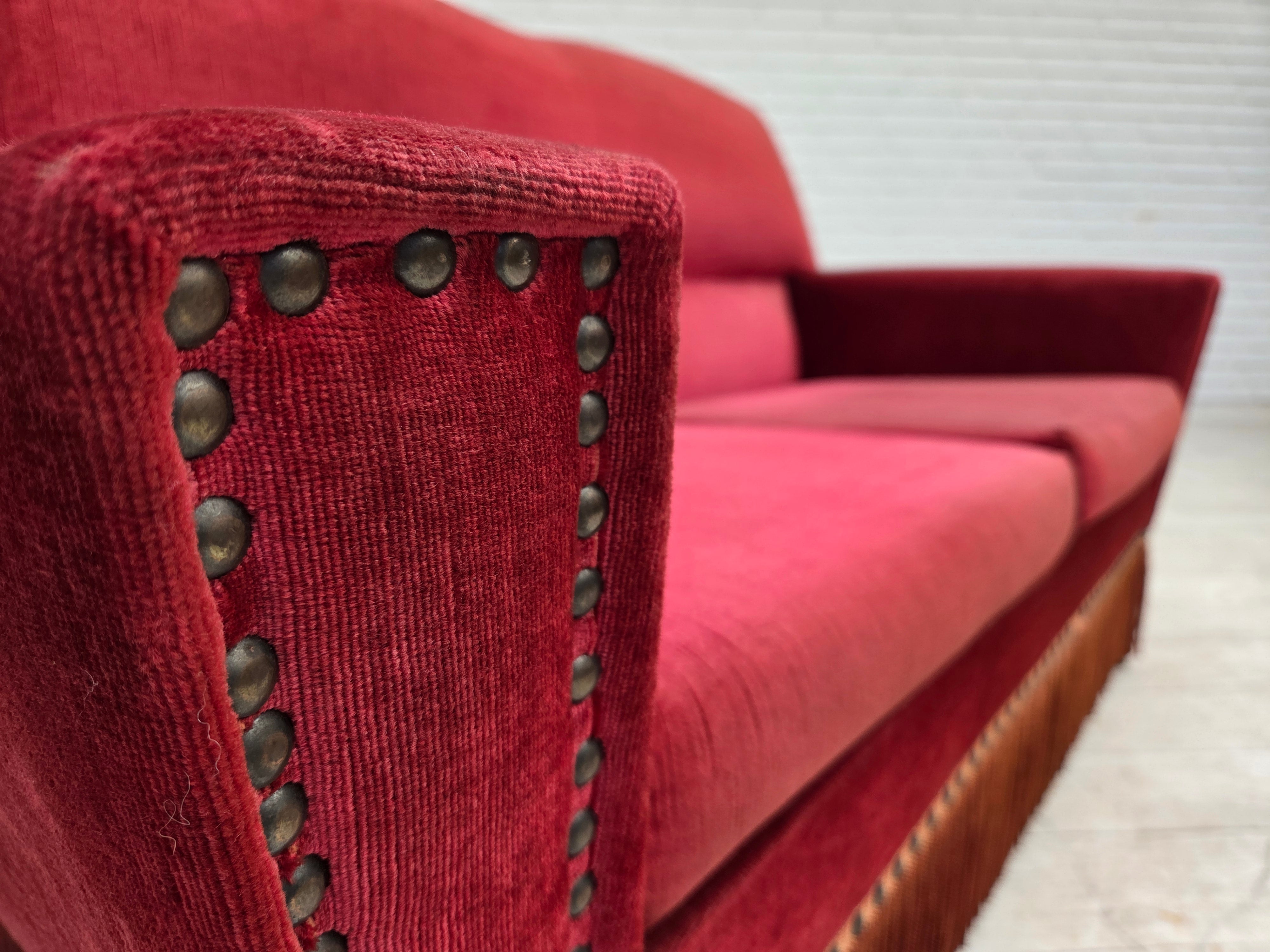 Danish_Red_Velour_2-Seater_Sofa_with_Beech_Legs,_1970s