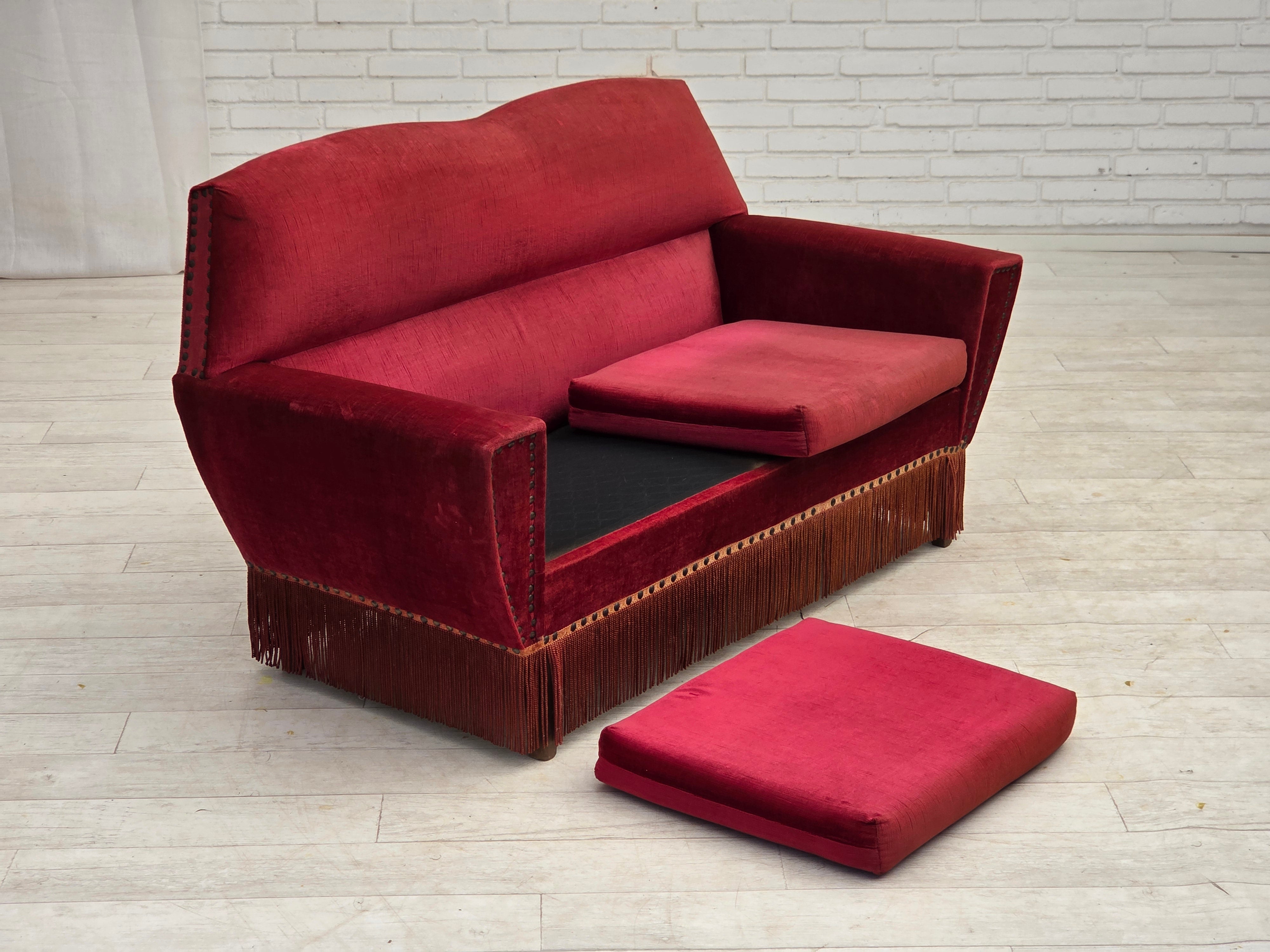 Danish_Red_Velour_2-Seater_Sofa_with_Beech_Legs,_1970s