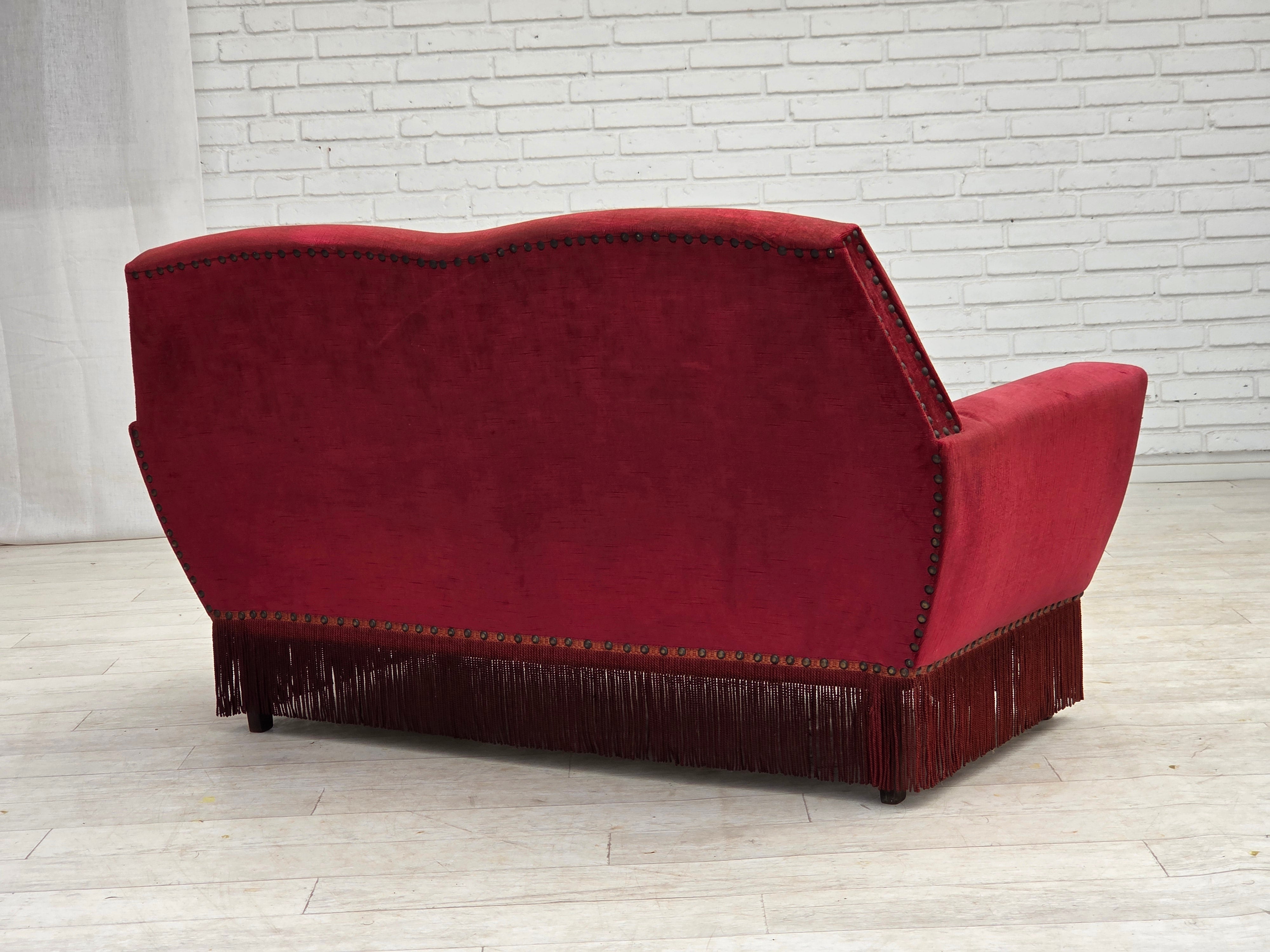 Danish_Red_Velour_2-Seater_Sofa_with_Beech_Legs,_1970s