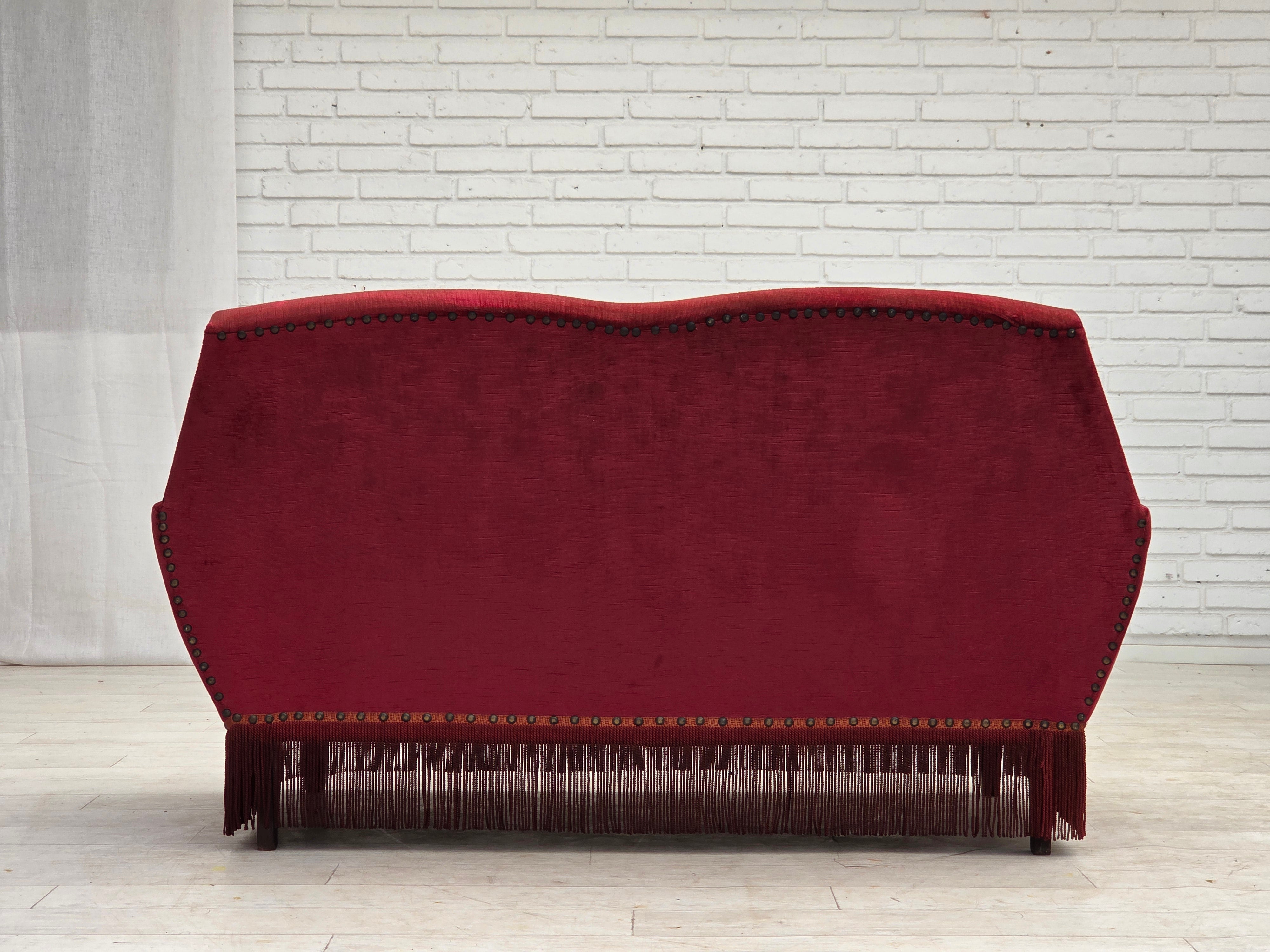 Danish_Red_Velour_2-Seater_Sofa_with_Beech_Legs,_1970s