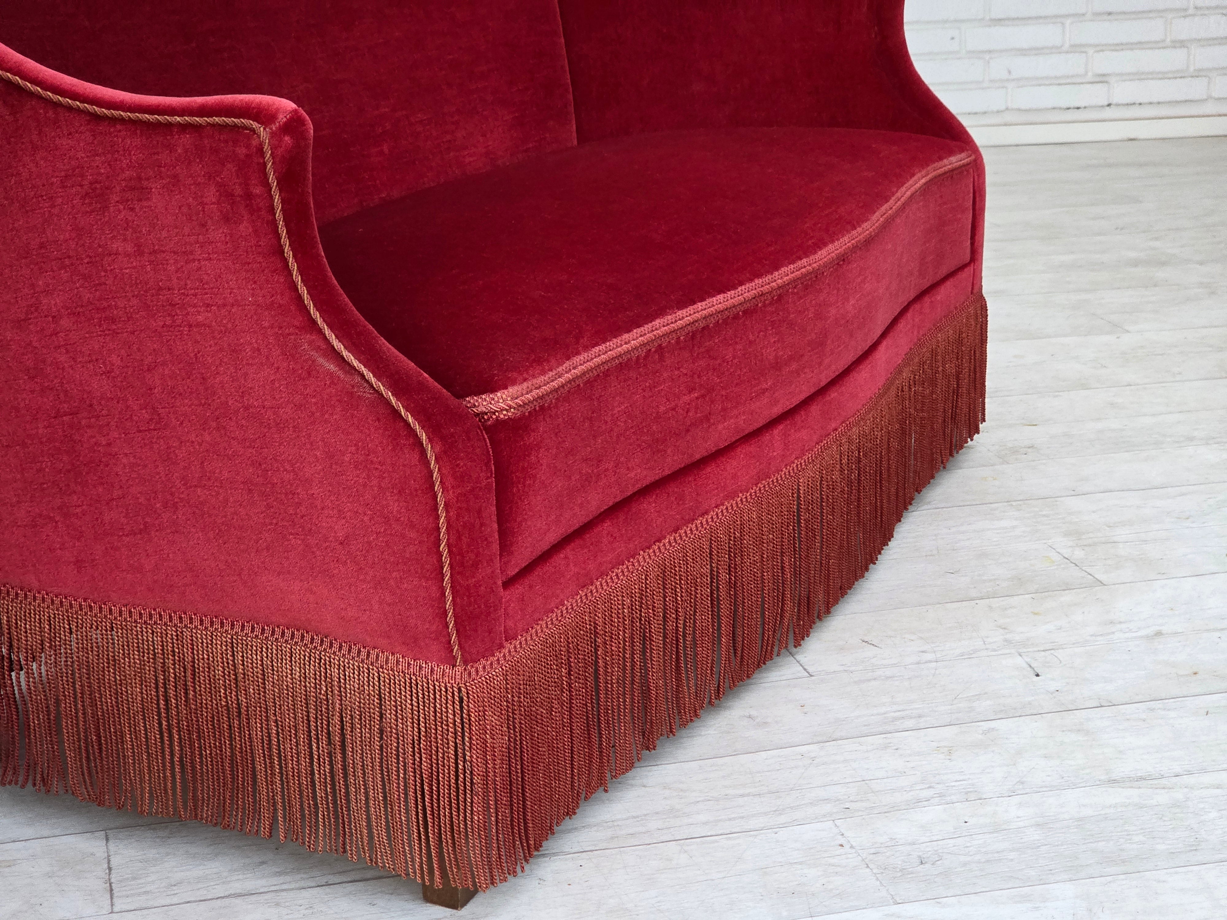 Danish_Mid-Century_Modern_Two-Seater_Sofa_in_Original_Red_Velour_and_Ash_Wood,_Denmark,_1970s