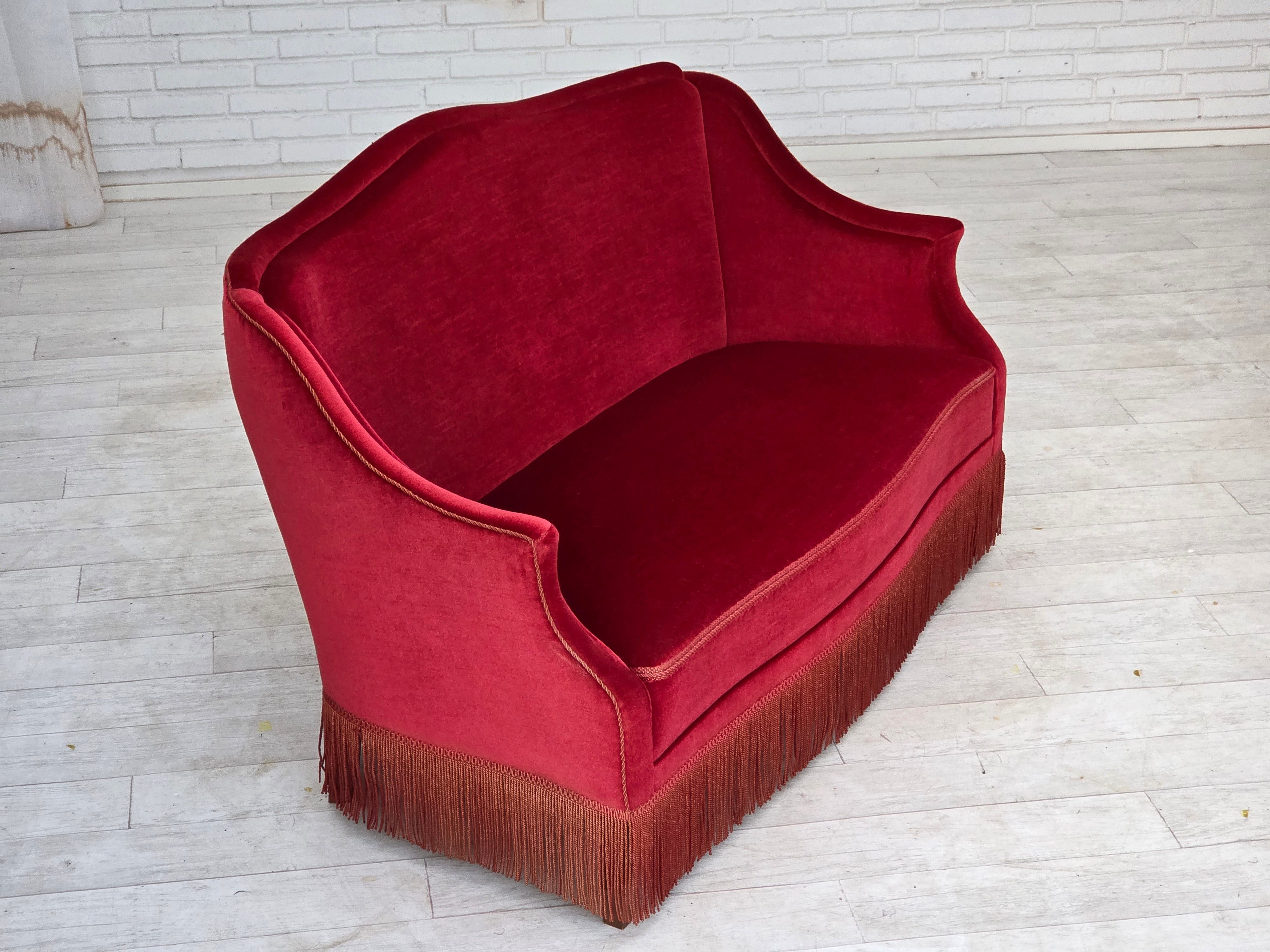 Danish_Mid-Century_Modern_Two-Seater_Sofa_in_Original_Red_Velour_and_Ash_Wood,_Denmark,_1970s