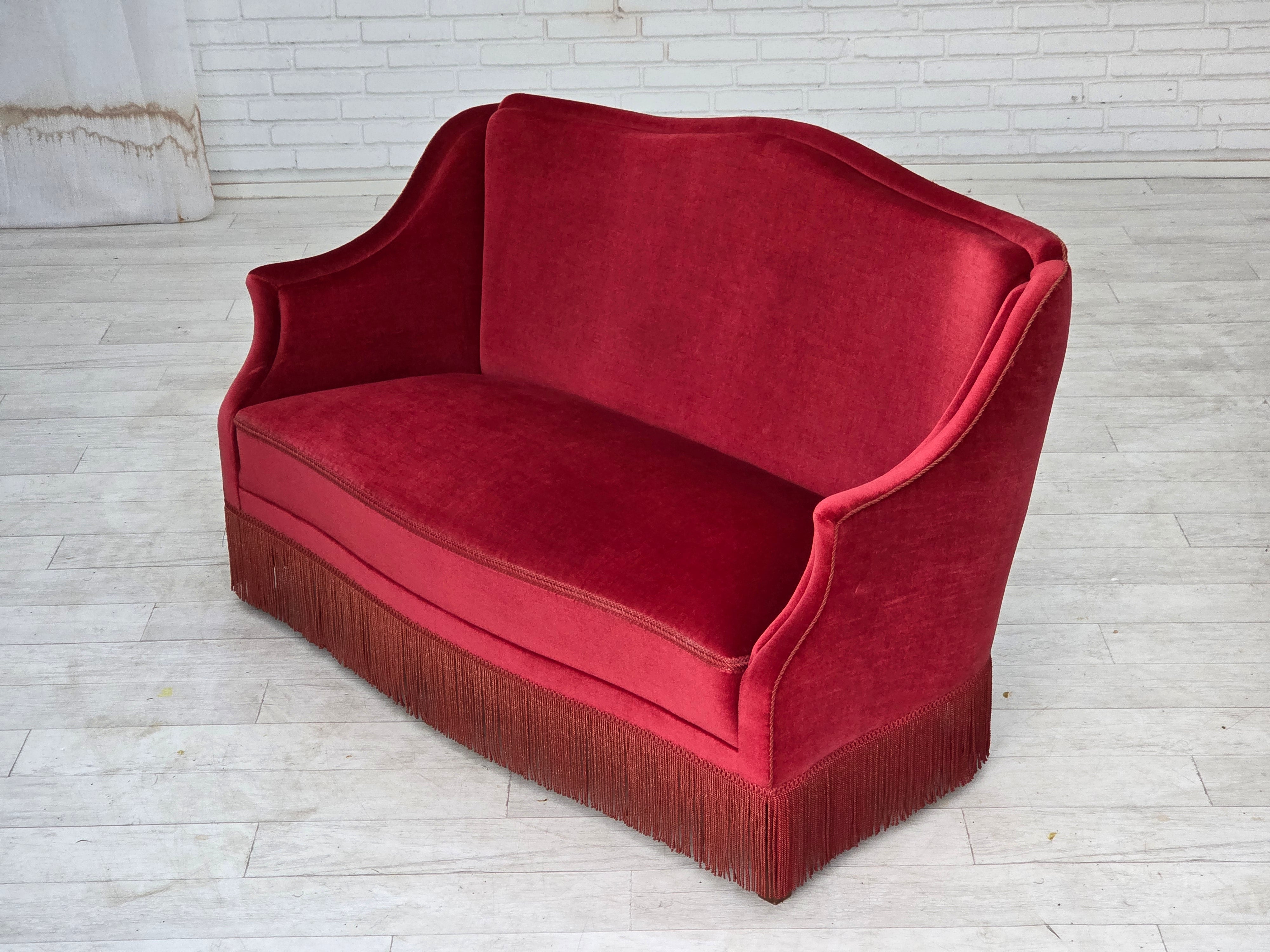 Danish_Mid-Century_Modern_Two-Seater_Sofa_in_Original_Red_Velour_and_Ash_Wood,_Denmark,_1970s