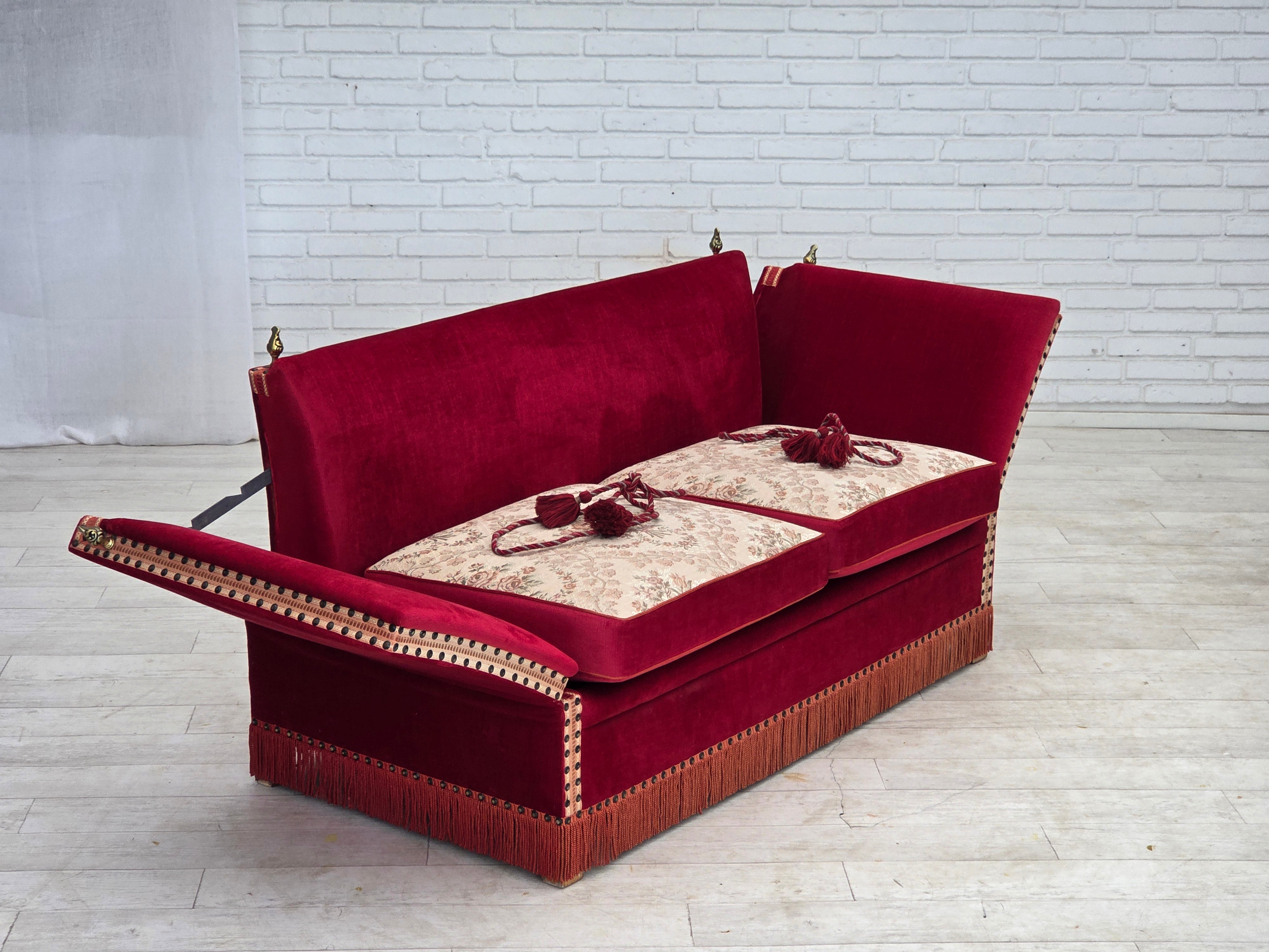 Danish_Spanish_Drop_Arm_Two-Seater_Sofa_in_Red_Velour_and_Jacquard_Fabric,_Denmark,_1970s