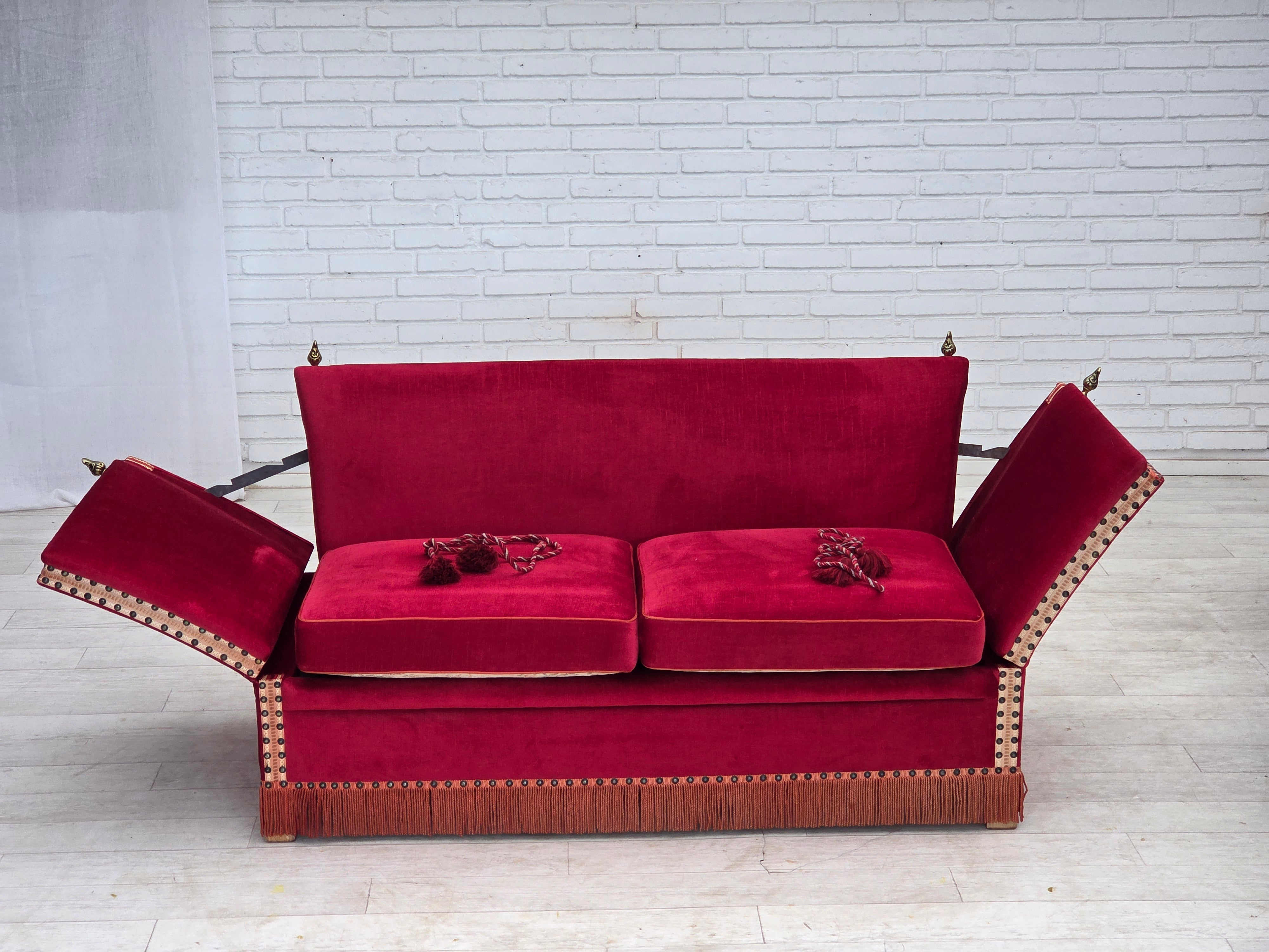 Danish_Spanish_Drop_Arm_Two-Seater_Sofa_in_Red_Velour_and_Jacquard_Fabric,_Denmark,_1970s