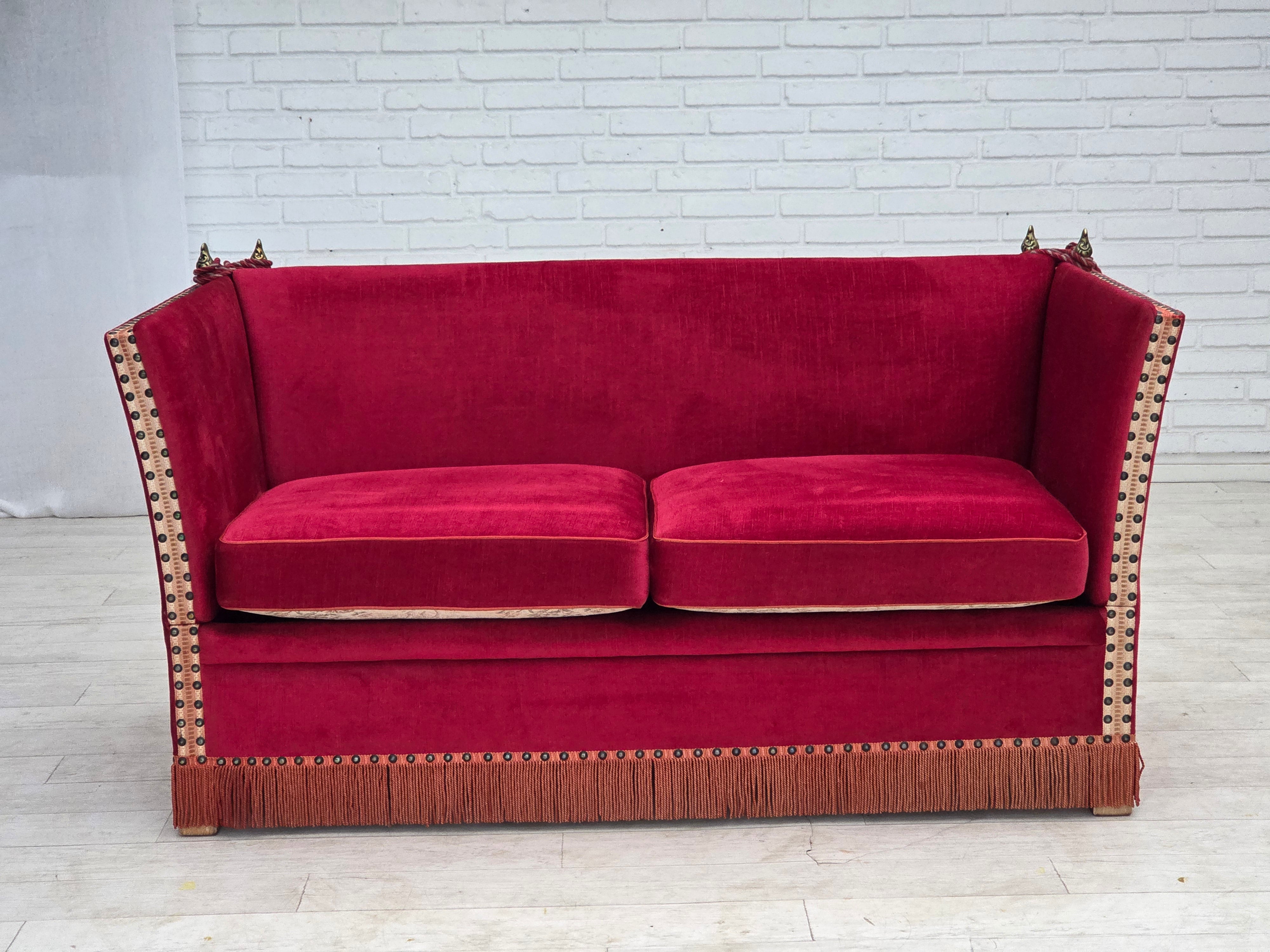 Danish_Spanish_Drop_Arm_Two-Seater_Sofa_in_Red_Velour_and_Jacquard_Fabric,_Denmark,_1970s