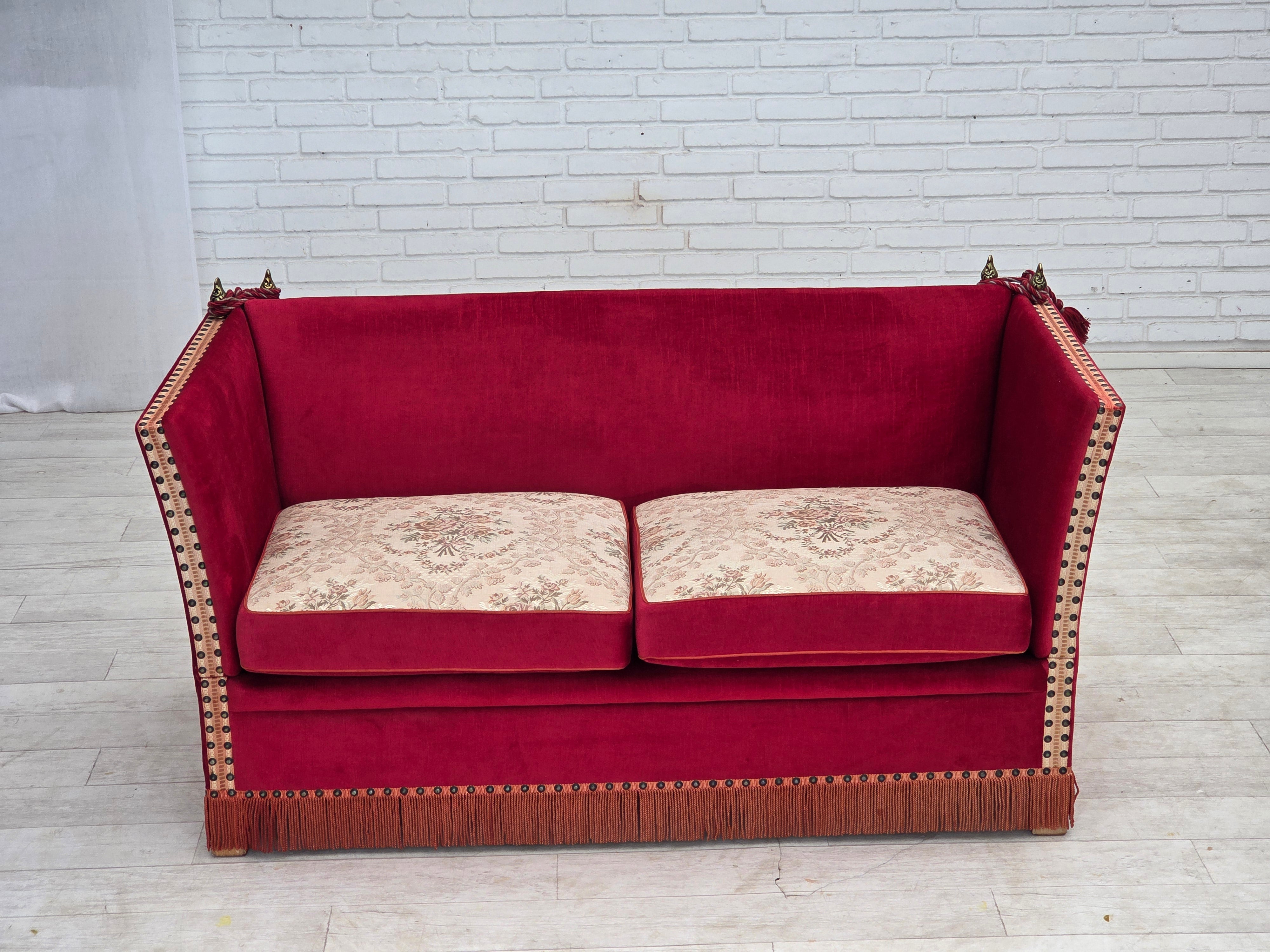 Danish_Spanish_Drop_Arm_Two-Seater_Sofa_in_Red_Velour_and_Jacquard_Fabric,_Denmark,_1970s