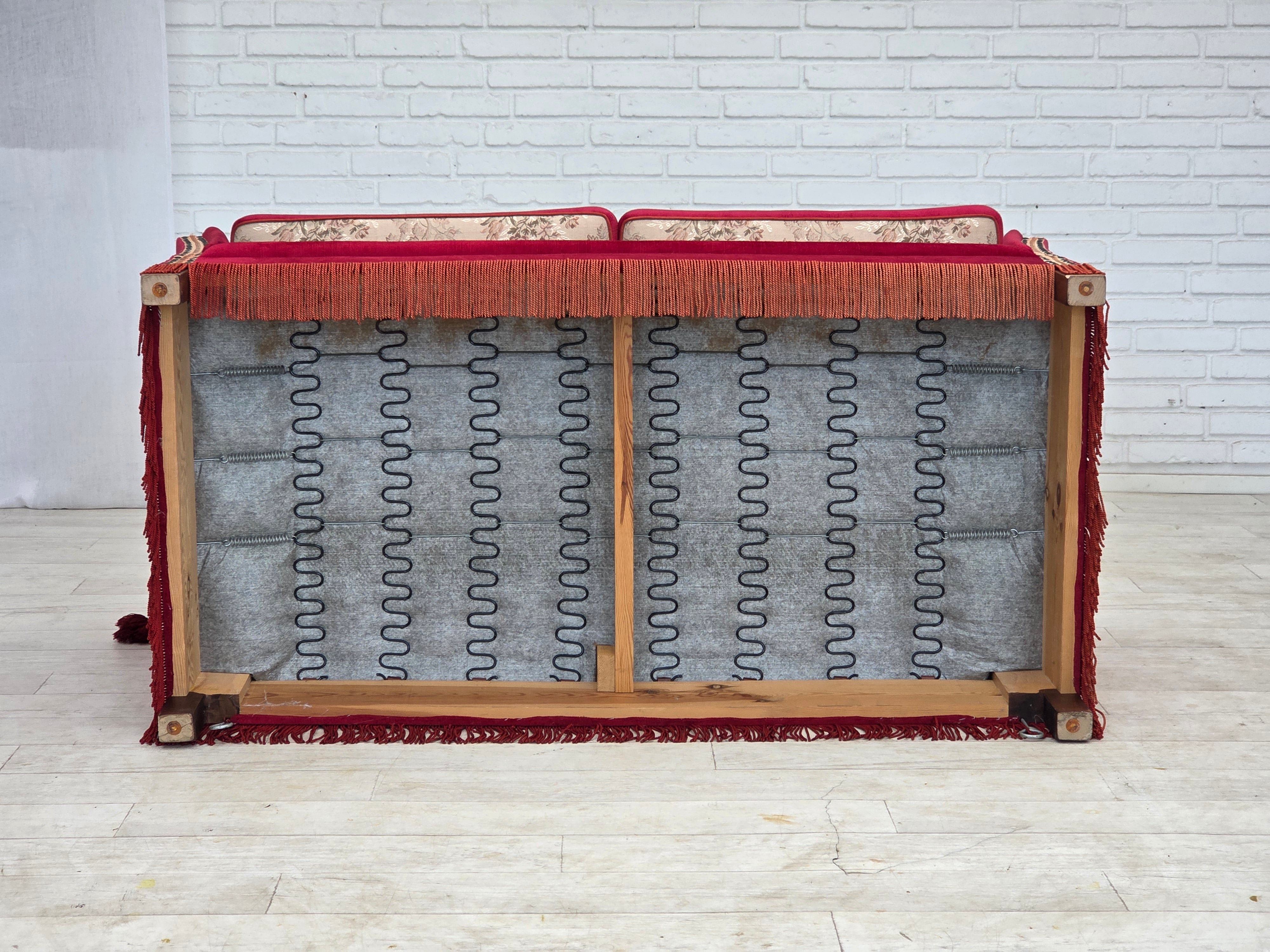 Danish_Spanish_Drop_Arm_Two-Seater_Sofa_in_Red_Velour_and_Jacquard_Fabric,_Denmark,_1970s