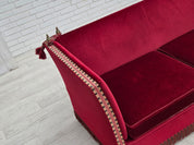 Danish_Drop-Arm_Spanish_3-Seater_Sofa_in_Red_Velour_with_Ash_Legs,_1970s