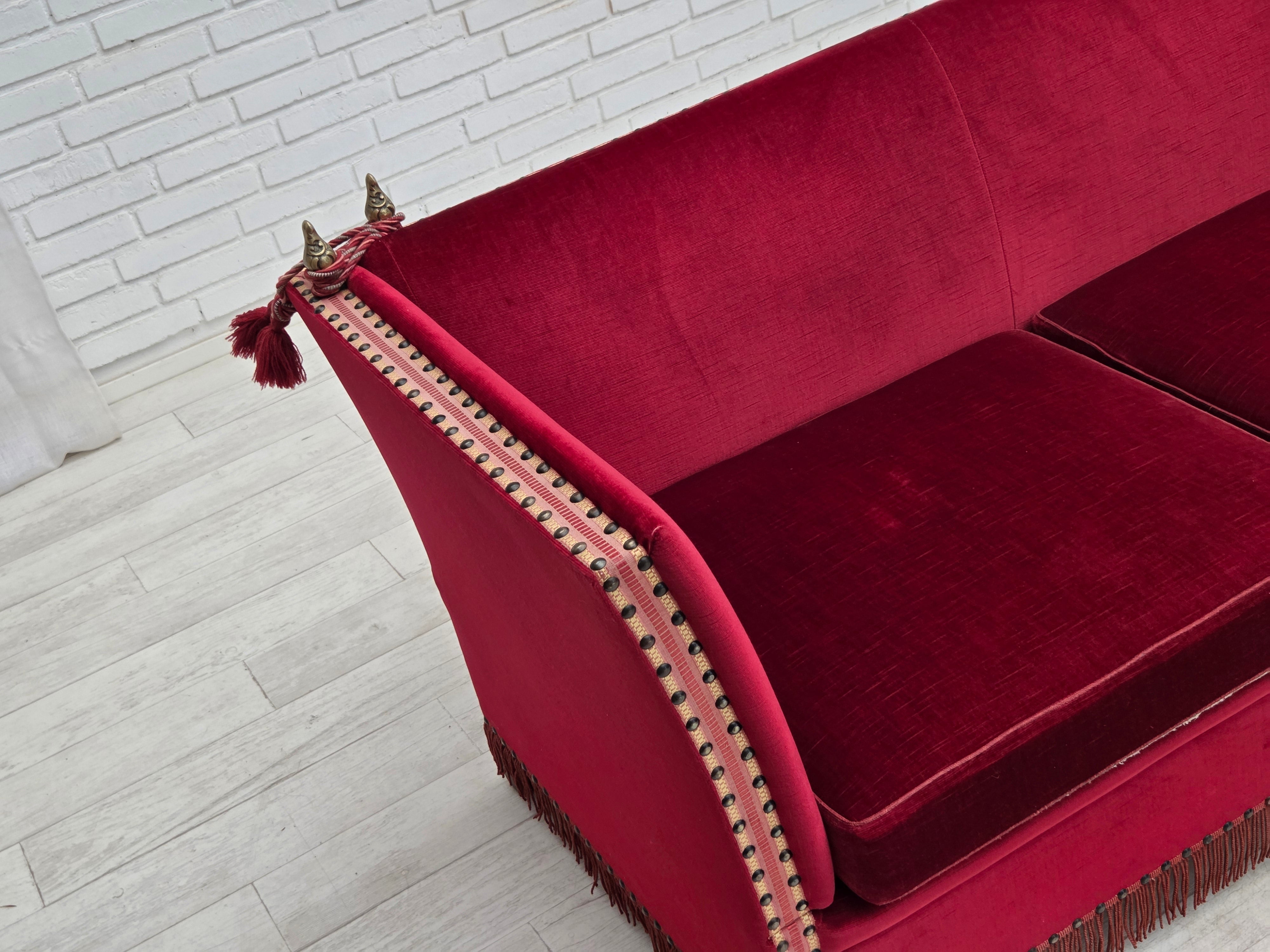 Danish_Drop-Arm_Spanish_3-Seater_Sofa_in_Red_Velour_with_Ash_Legs,_1970s