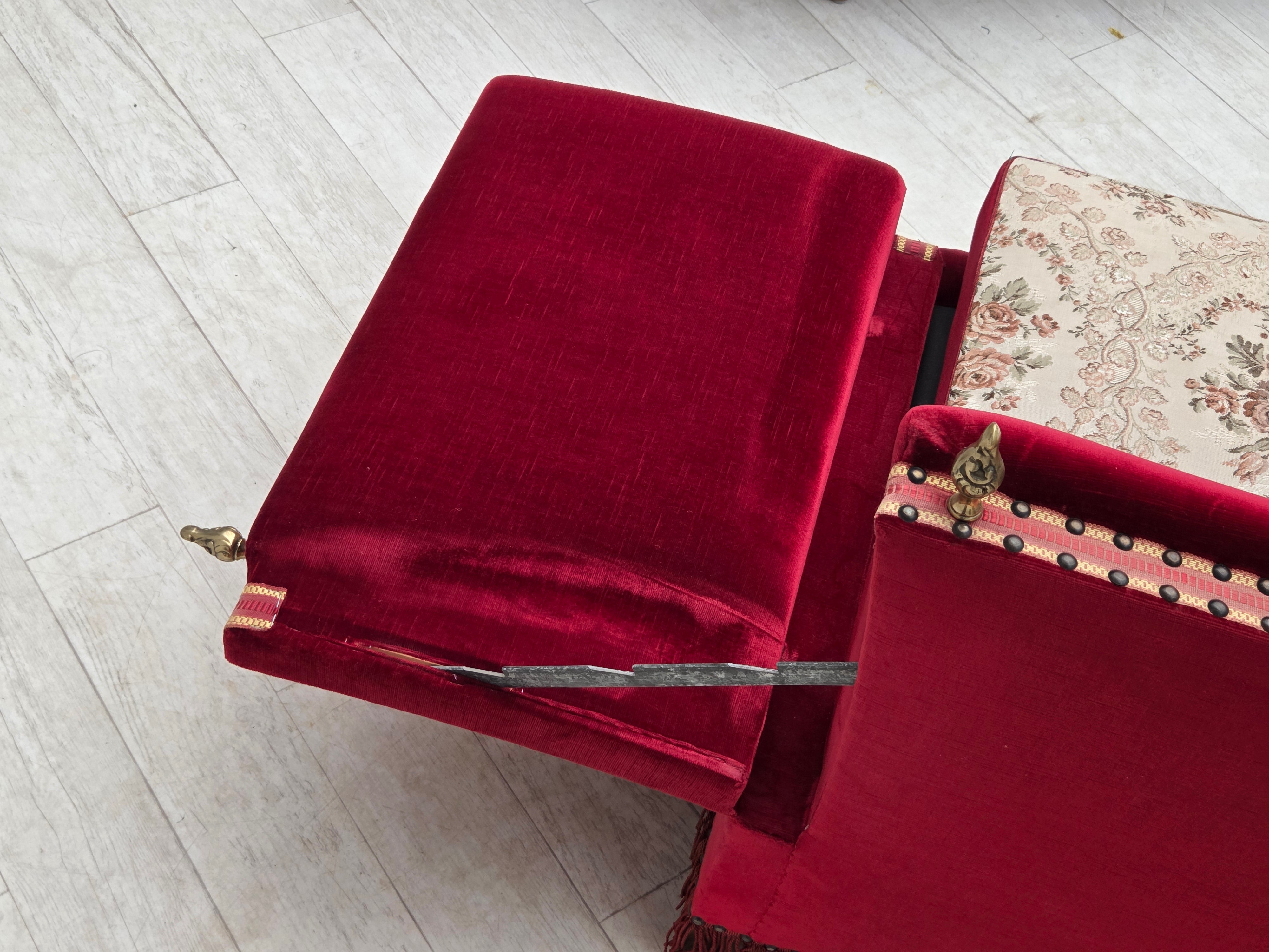 Danish_Drop-Arm_Spanish_3-Seater_Sofa_in_Red_Velour_with_Ash_Legs,_1970s