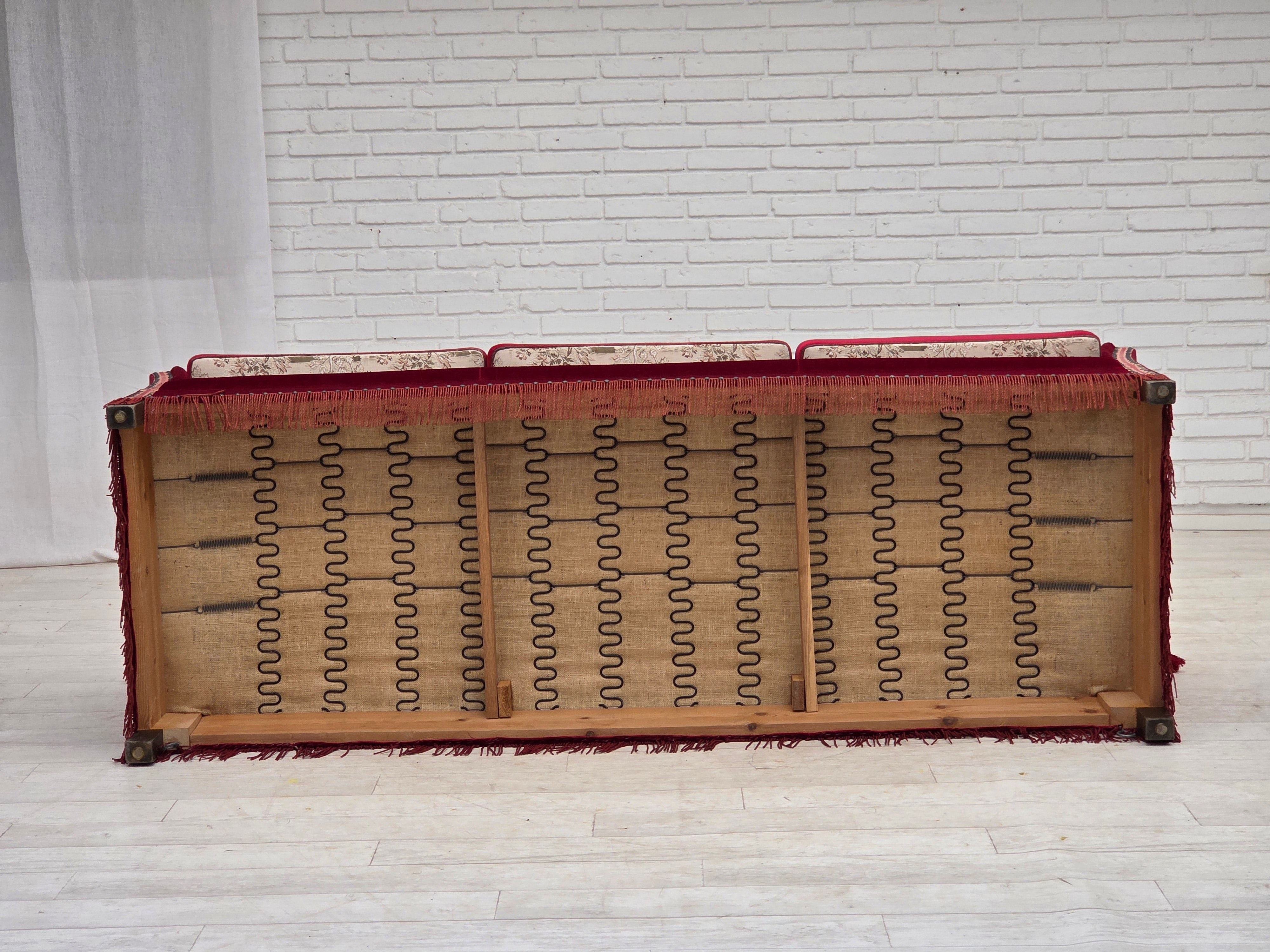 Danish_Drop-Arm_Spanish_3-Seater_Sofa_in_Red_Velour_with_Ash_Legs,_1970s