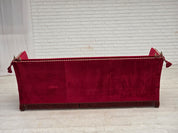 Danish_Drop-Arm_Spanish_3-Seater_Sofa_in_Red_Velour_with_Ash_Legs,_1970s