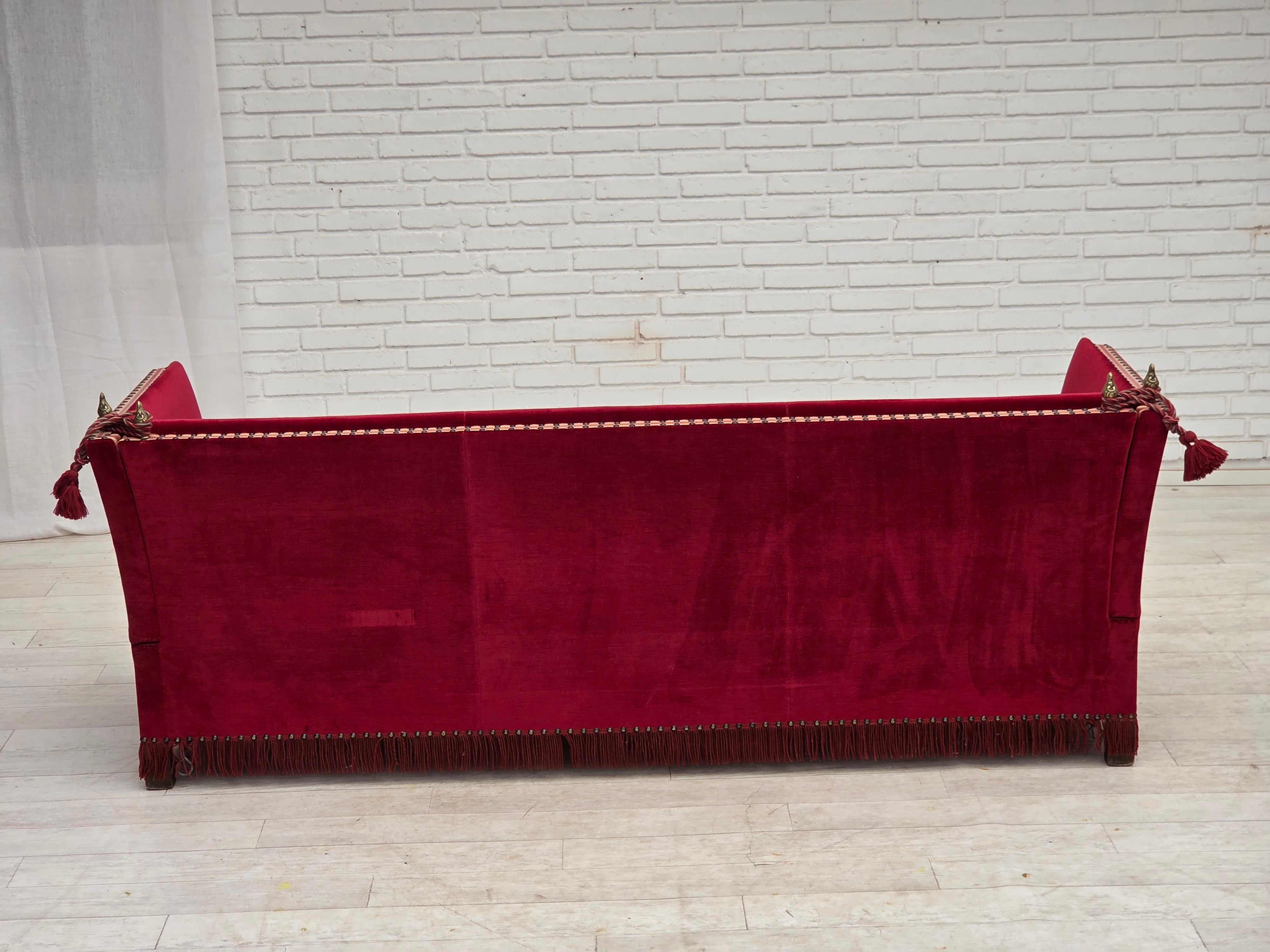 Danish_Drop-Arm_Spanish_3-Seater_Sofa_in_Red_Velour_with_Ash_Legs,_1970s